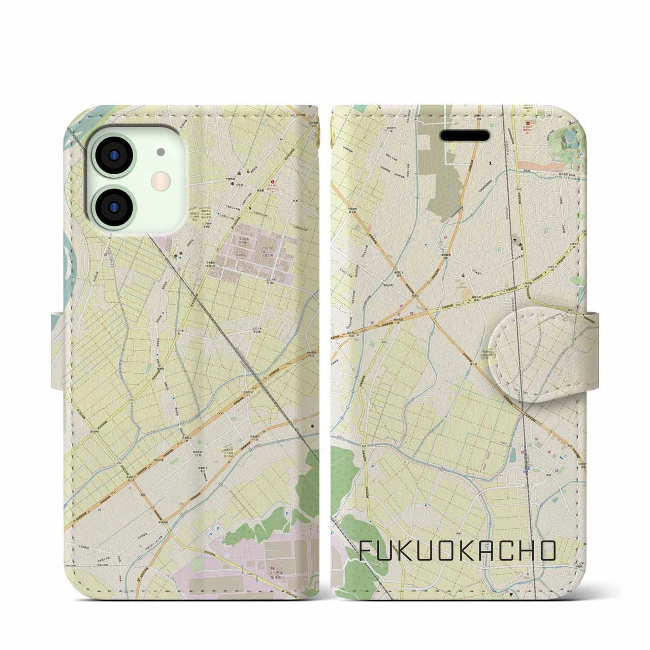 【福岡町(愛知県)】地図柄iPhoneケース(手帳タイプ)ナチュラル・iPhone 12 mini 用
