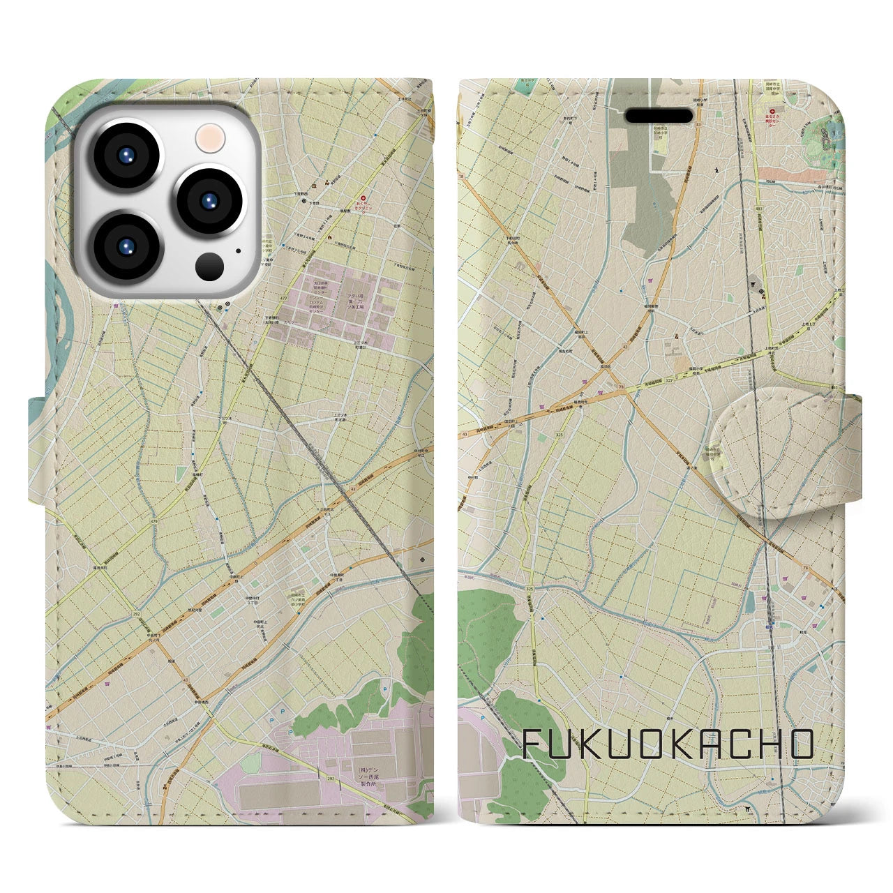 【福岡町(愛知県)】地図柄iPhoneケース(手帳タイプ)ナチュラル・iPhone 13 Pro 用