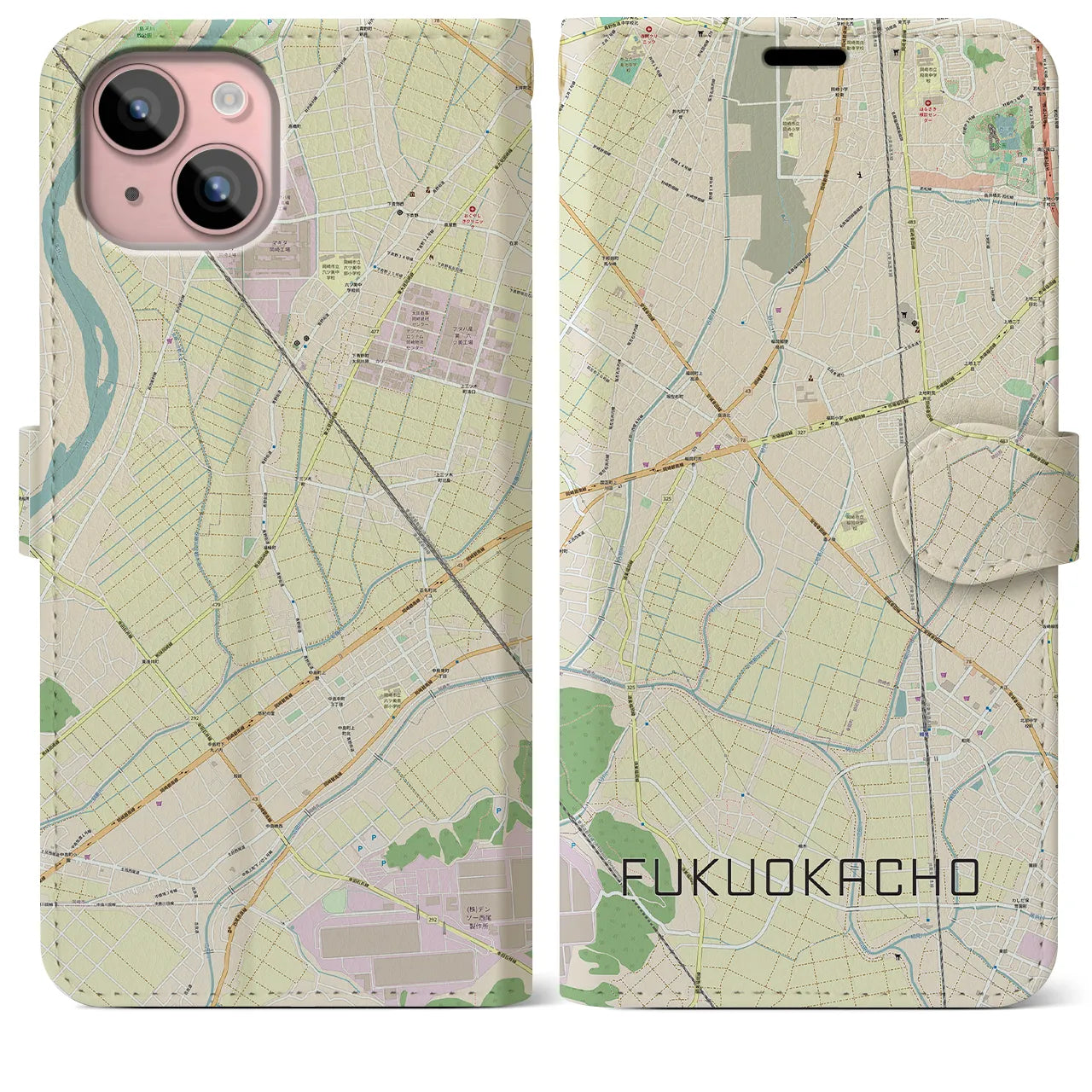 【福岡町(愛知県)】地図柄iPhoneケース(手帳タイプ)ナチュラル・iPhone 15 Plus 用
