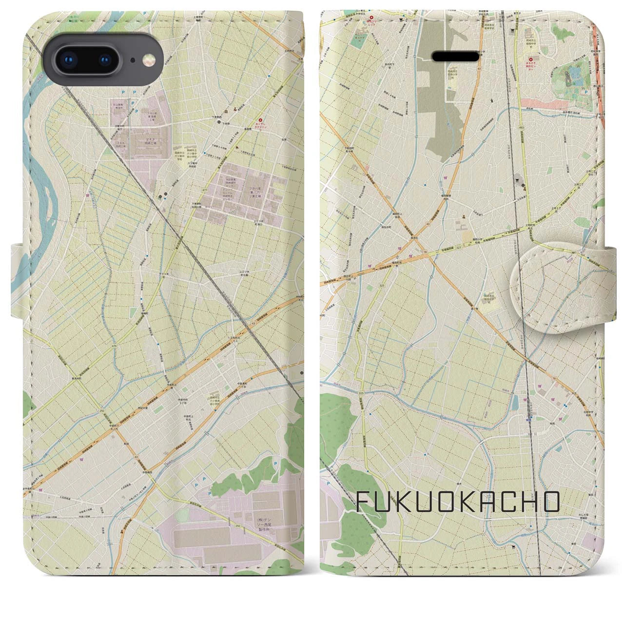 【福岡町(愛知県)】地図柄iPhoneケース(手帳タイプ)ナチュラル・iPhone 8Plus /7Plus / 6sPlus / 6Plus 用