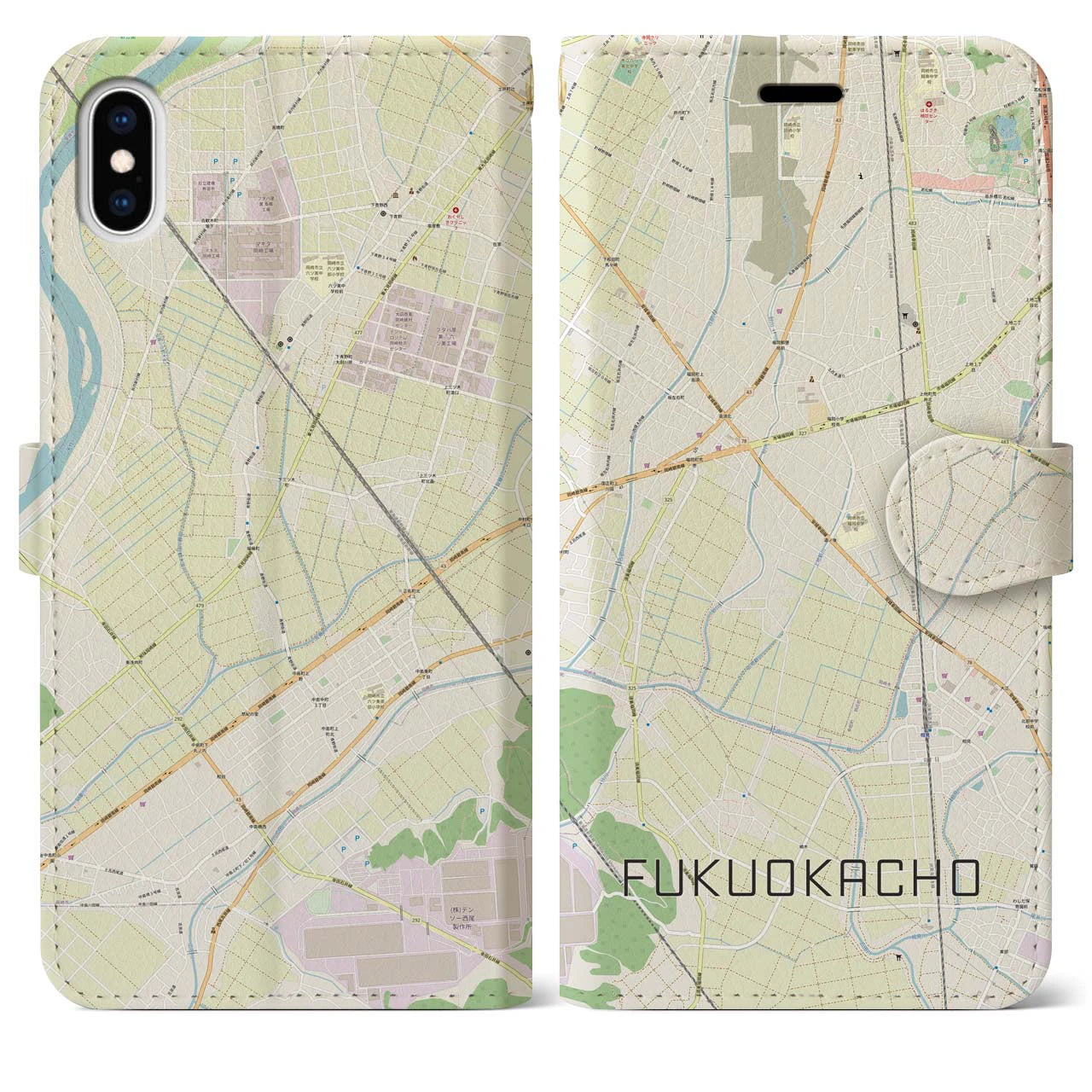 【福岡町(愛知県)】地図柄iPhoneケース(手帳タイプ)ナチュラル・iPhone XS Max 用