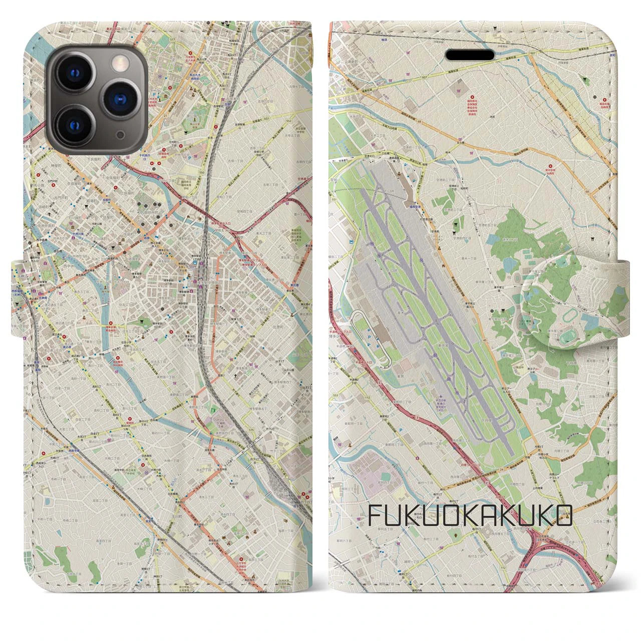【福岡空港(福岡県)】地図柄iPhoneケース(手帳タイプ)ナチュラル・iPhone 11 Pro Max 用