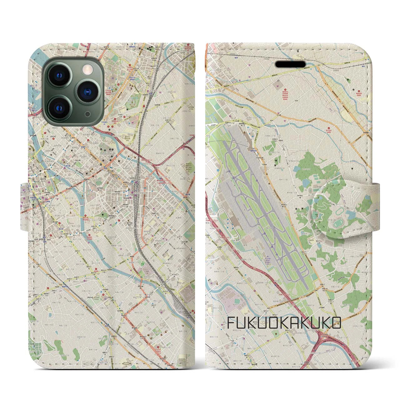 【福岡空港(福岡県)】地図柄iPhoneケース(手帳タイプ)ナチュラル・iPhone 11 Pro 用