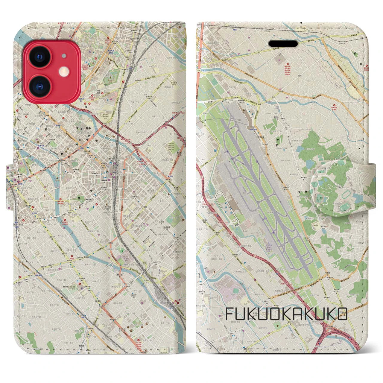 【福岡空港(福岡県)】地図柄iPhoneケース(手帳タイプ)ナチュラル・iPhone 11 用