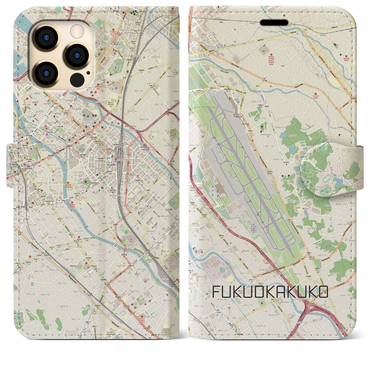 【福岡空港(福岡県)】地図柄iPhoneケース(手帳タイプ)ナチュラル・iPhone 12 Pro Max 用