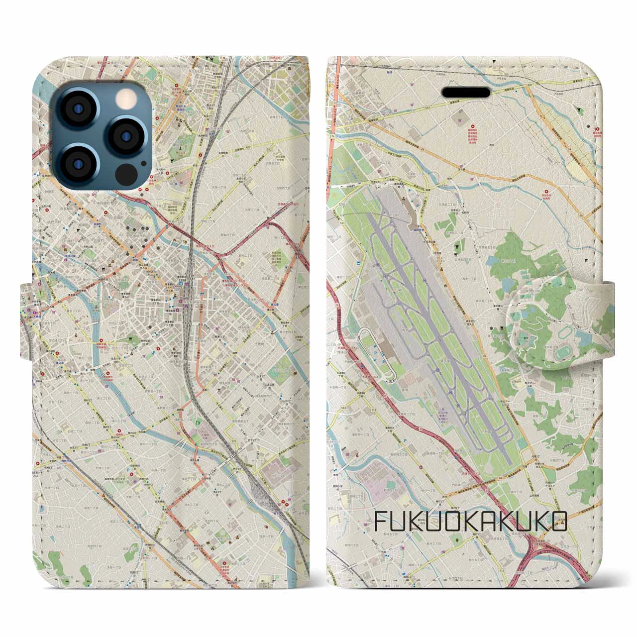 【福岡空港(福岡県)】地図柄iPhoneケース(手帳タイプ)ナチュラル・iPhone 12 / 12 Pro 用
