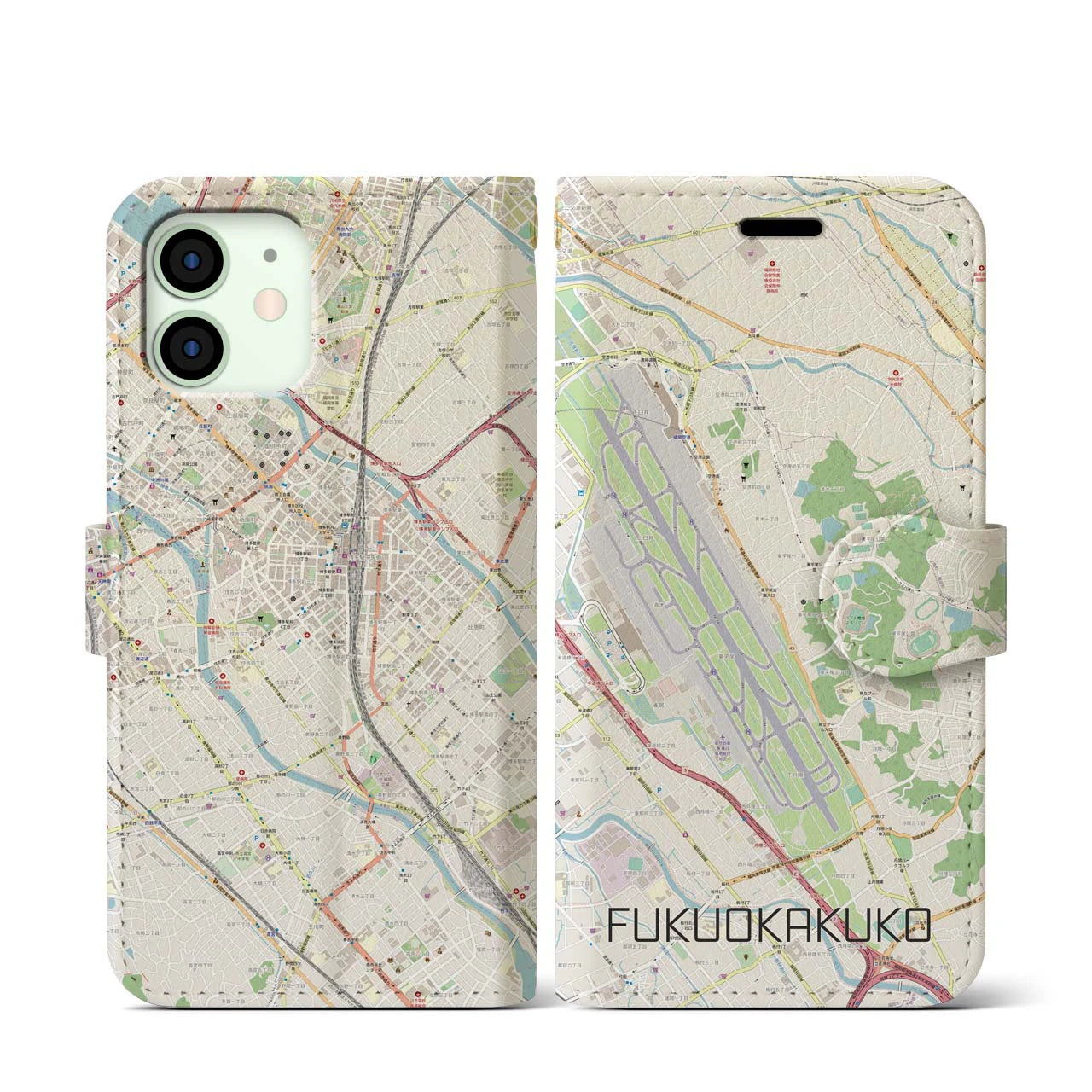 【福岡空港(福岡県)】地図柄iPhoneケース(手帳タイプ)ナチュラル・iPhone 12 mini 用