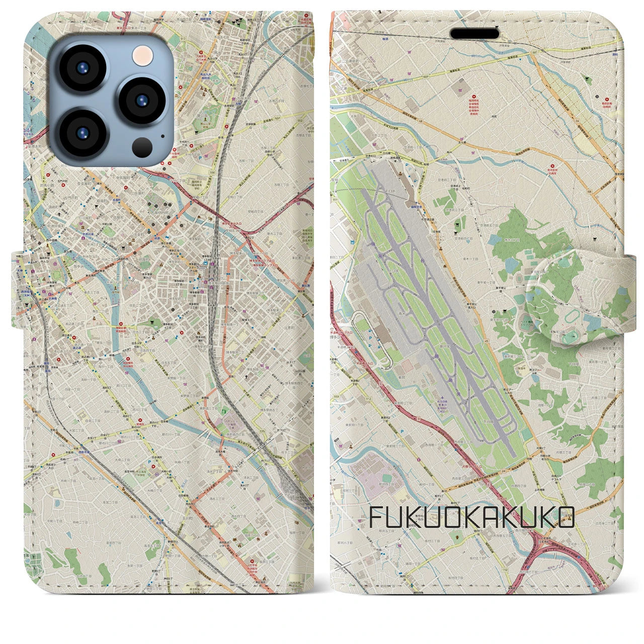 【福岡空港(福岡県)】地図柄iPhoneケース(手帳タイプ)ナチュラル・iPhone 13 Pro Max 用