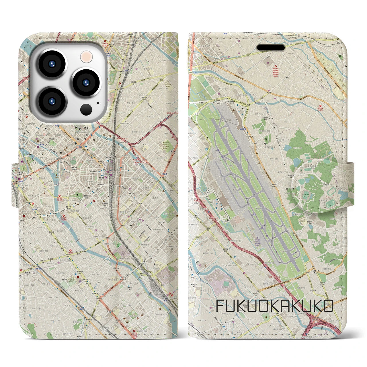 【福岡空港(福岡県)】地図柄iPhoneケース(手帳タイプ)ナチュラル・iPhone 13 Pro 用