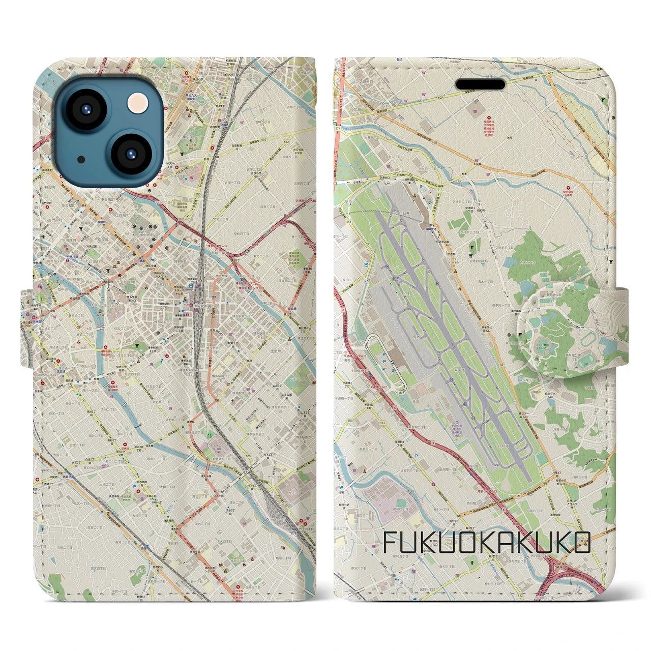 【福岡空港(福岡県)】地図柄iPhoneケース(手帳タイプ)ナチュラル・iPhone 13 用