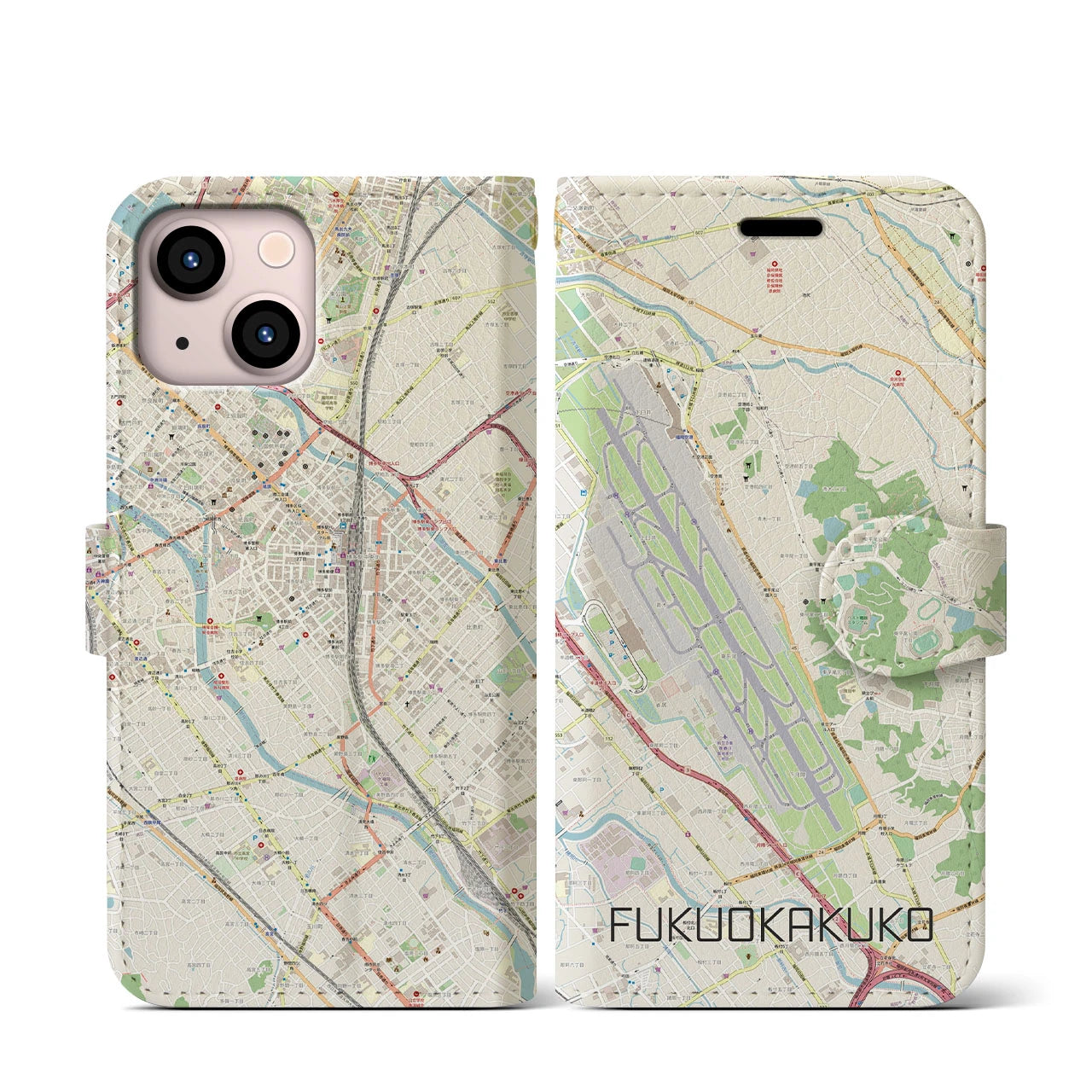 【福岡空港(福岡県)】地図柄iPhoneケース(手帳タイプ)ナチュラル・iPhone 13 mini 用
