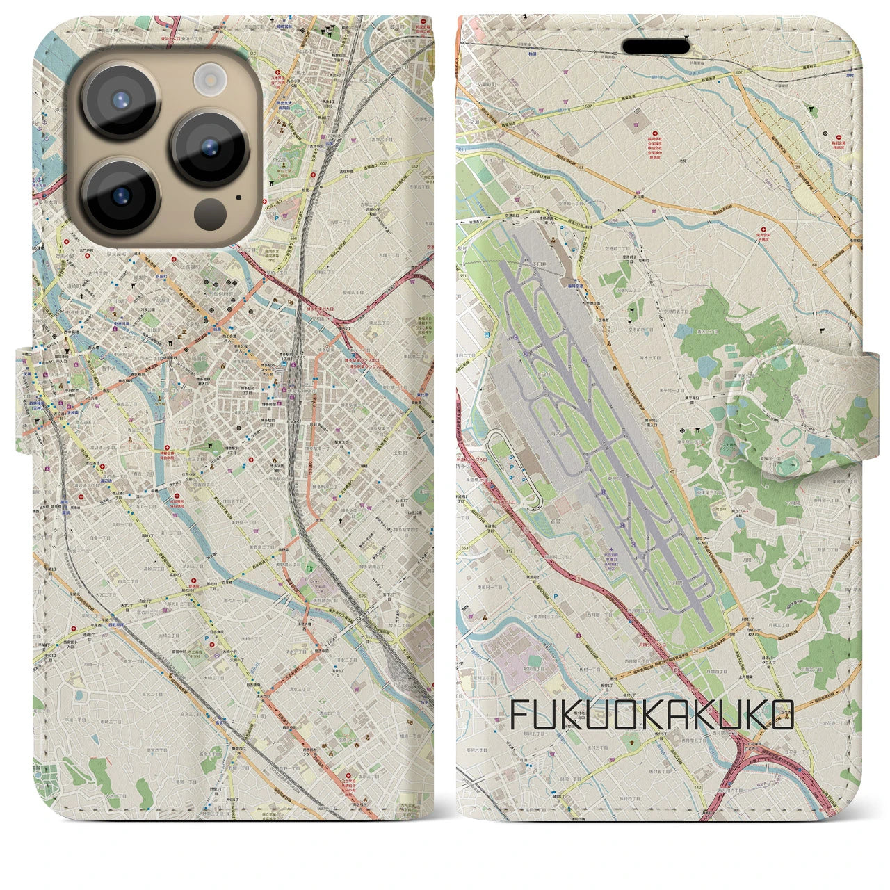【福岡空港(福岡県)】地図柄iPhoneケース(手帳タイプ)ナチュラル・iPhone 14 Pro Max 用