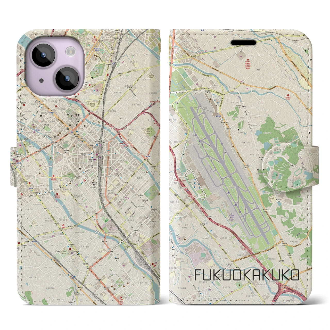 【福岡空港(福岡県)】地図柄iPhoneケース(手帳タイプ)ナチュラル・iPhone 14 用