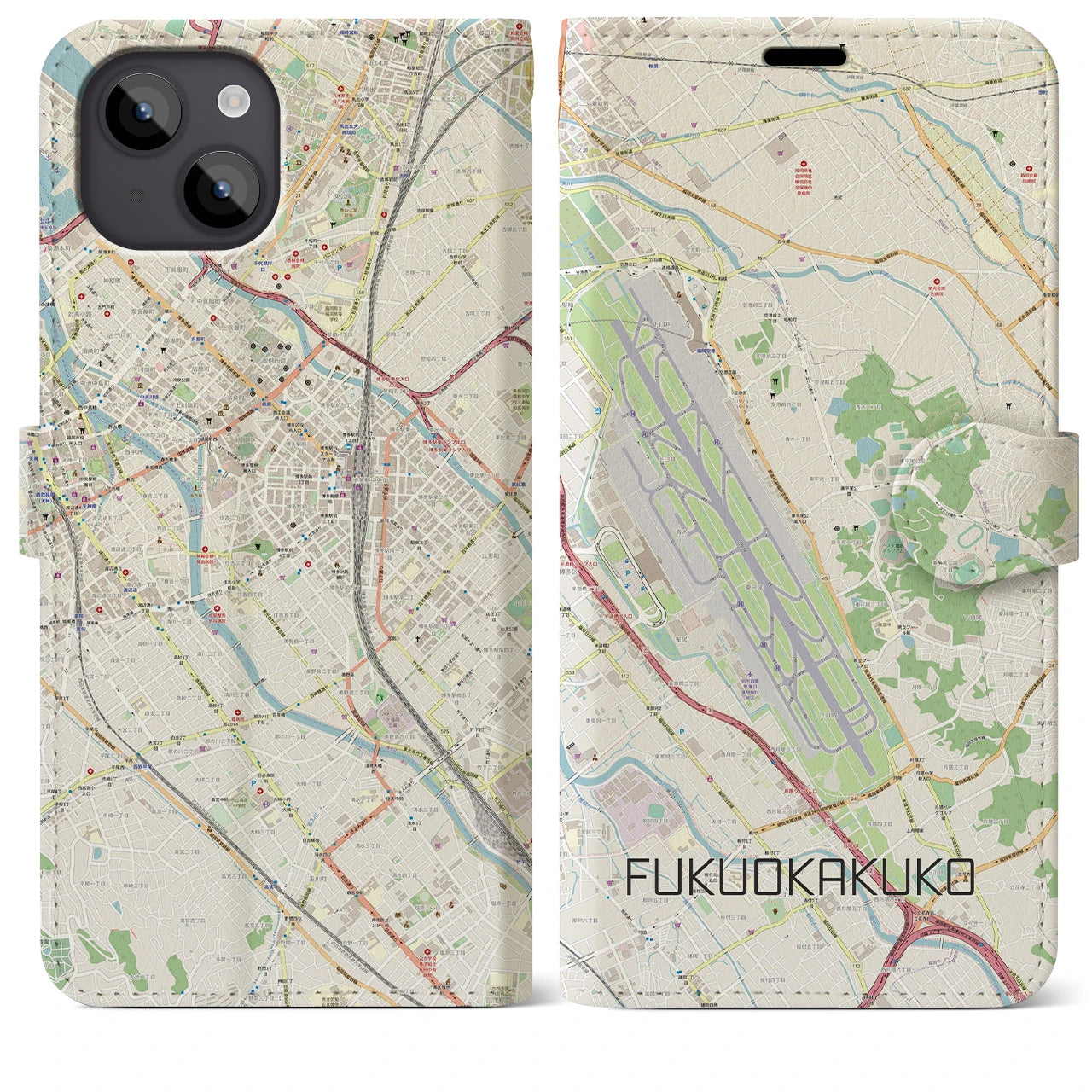 【福岡空港(福岡県)】地図柄iPhoneケース(手帳タイプ)ナチュラル・iPhone 14 Plus 用