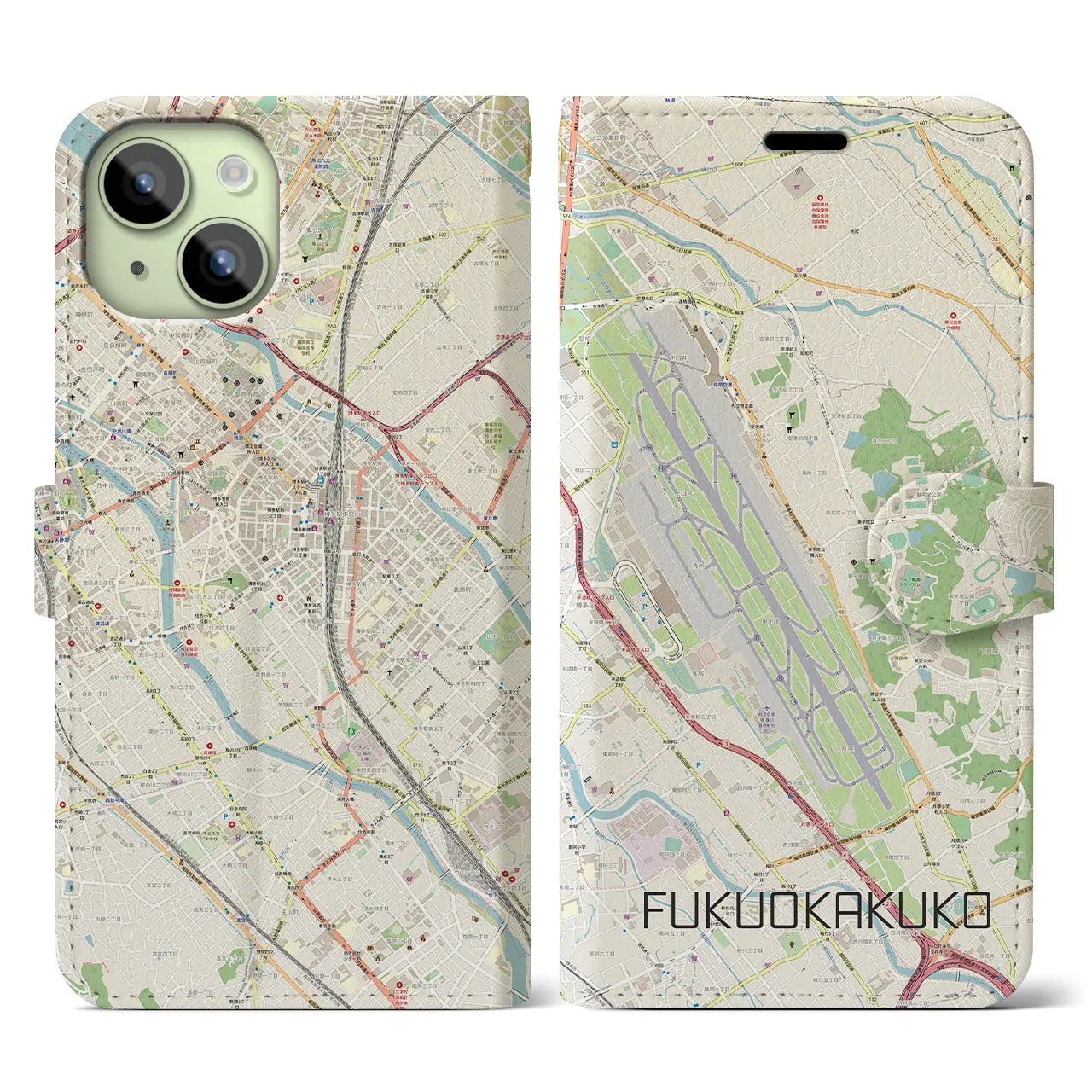 【福岡空港(福岡県)】地図柄iPhoneケース(手帳タイプ)ナチュラル・iPhone 15 用