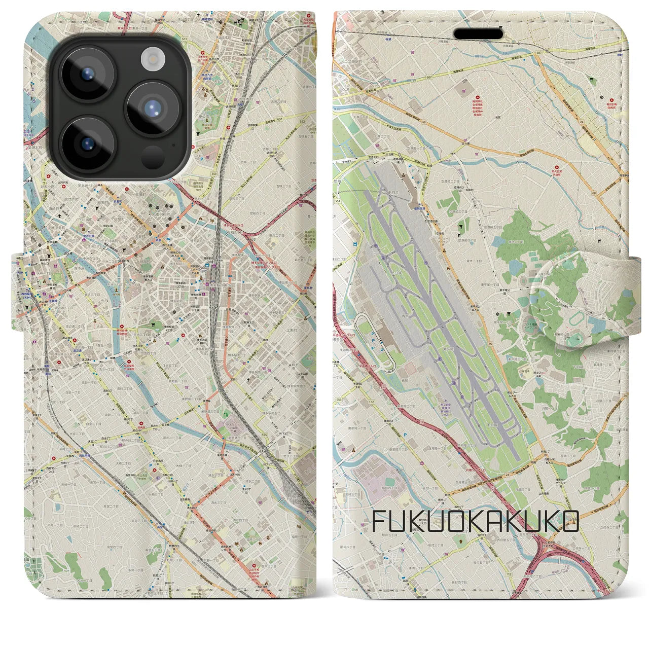 【福岡空港(福岡県)】地図柄iPhoneケース(手帳タイプ)ナチュラル・iPhone 15 Pro Max 用