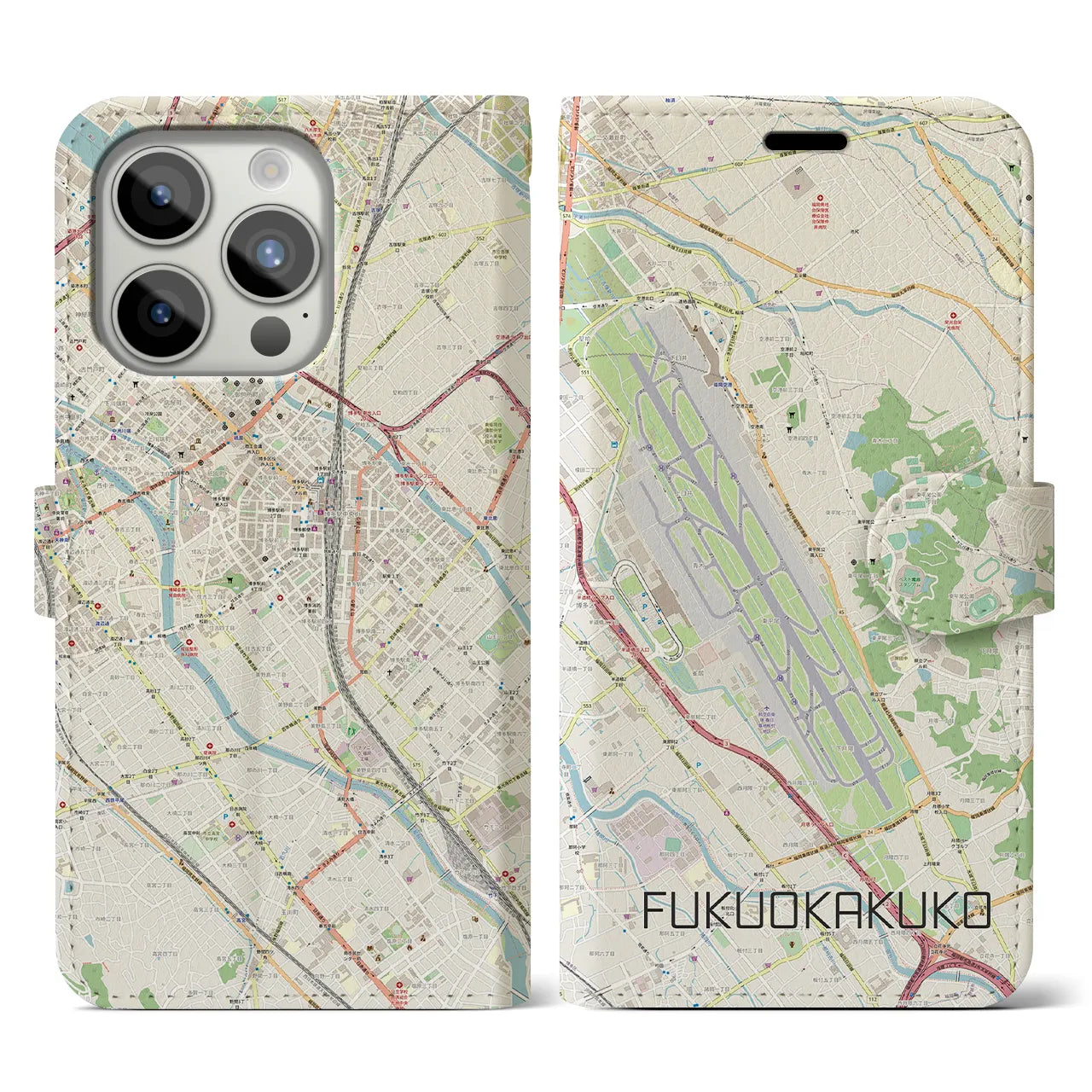 【福岡空港(福岡県)】地図柄iPhoneケース(手帳タイプ)ナチュラル・iPhone 15 Pro 用