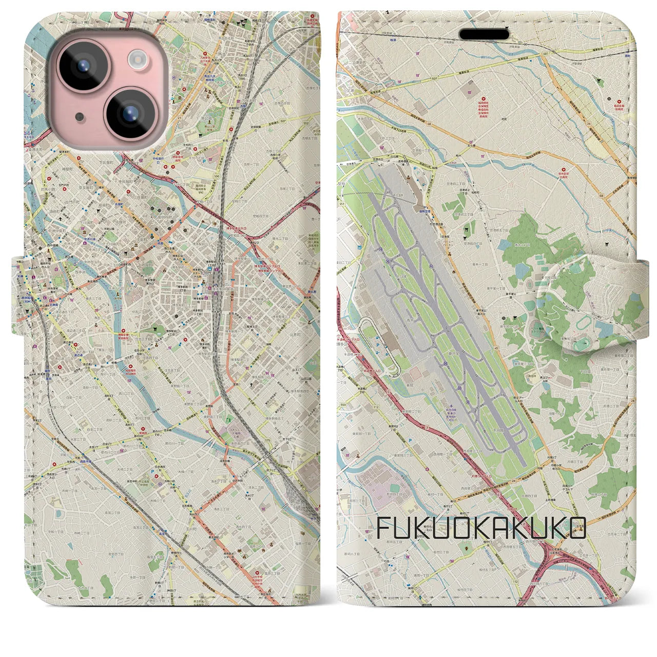 【福岡空港(福岡県)】地図柄iPhoneケース(手帳タイプ)ナチュラル・iPhone 15 Plus 用