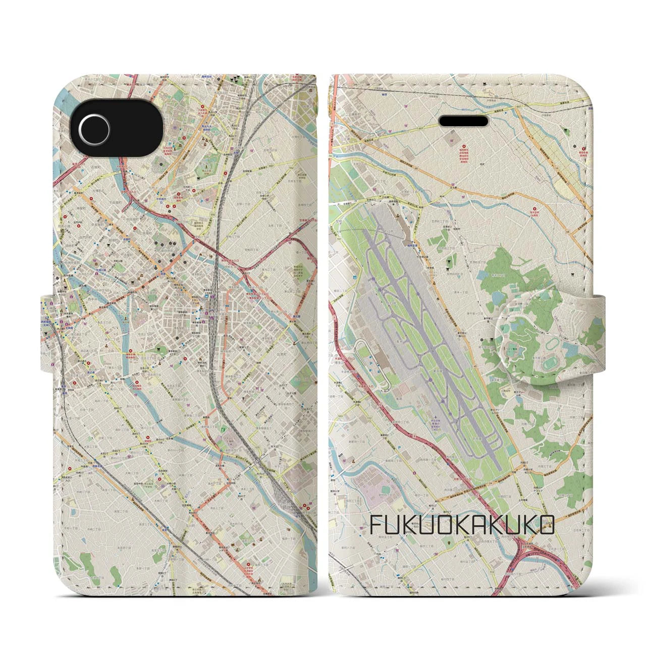 【福岡空港(福岡県)】地図柄iPhoneケース(手帳タイプ)ナチュラル・iPhone SE(第3 / 第2世代) / 8 / 7 / 6s / 6 用