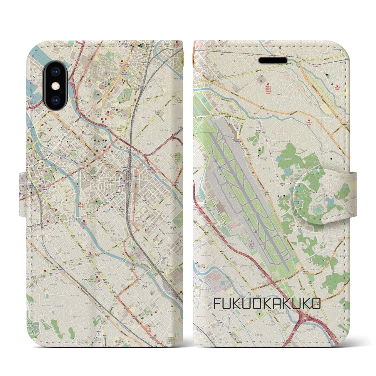 【福岡空港(福岡県)】地図柄iPhoneケース(手帳タイプ)ナチュラル・iPhone XS / X 用