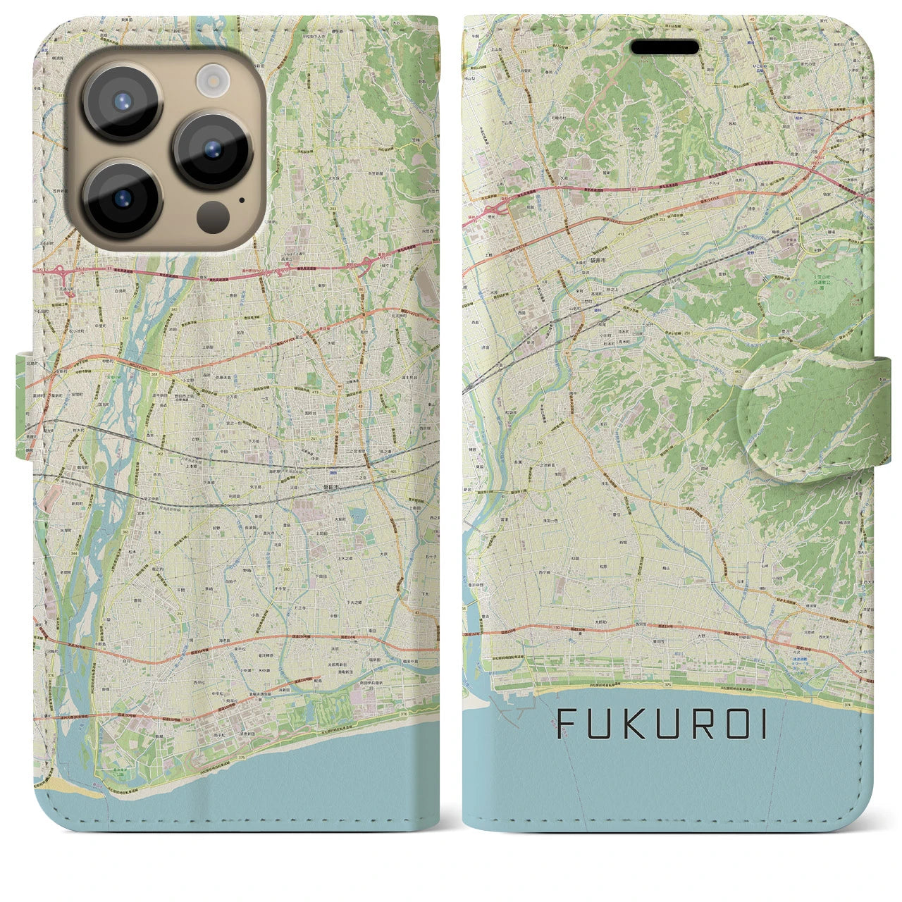 【袋井(静岡県)】地図柄iPhoneケース(手帳タイプ)ナチュラル・iPhone 14 Pro Max 用