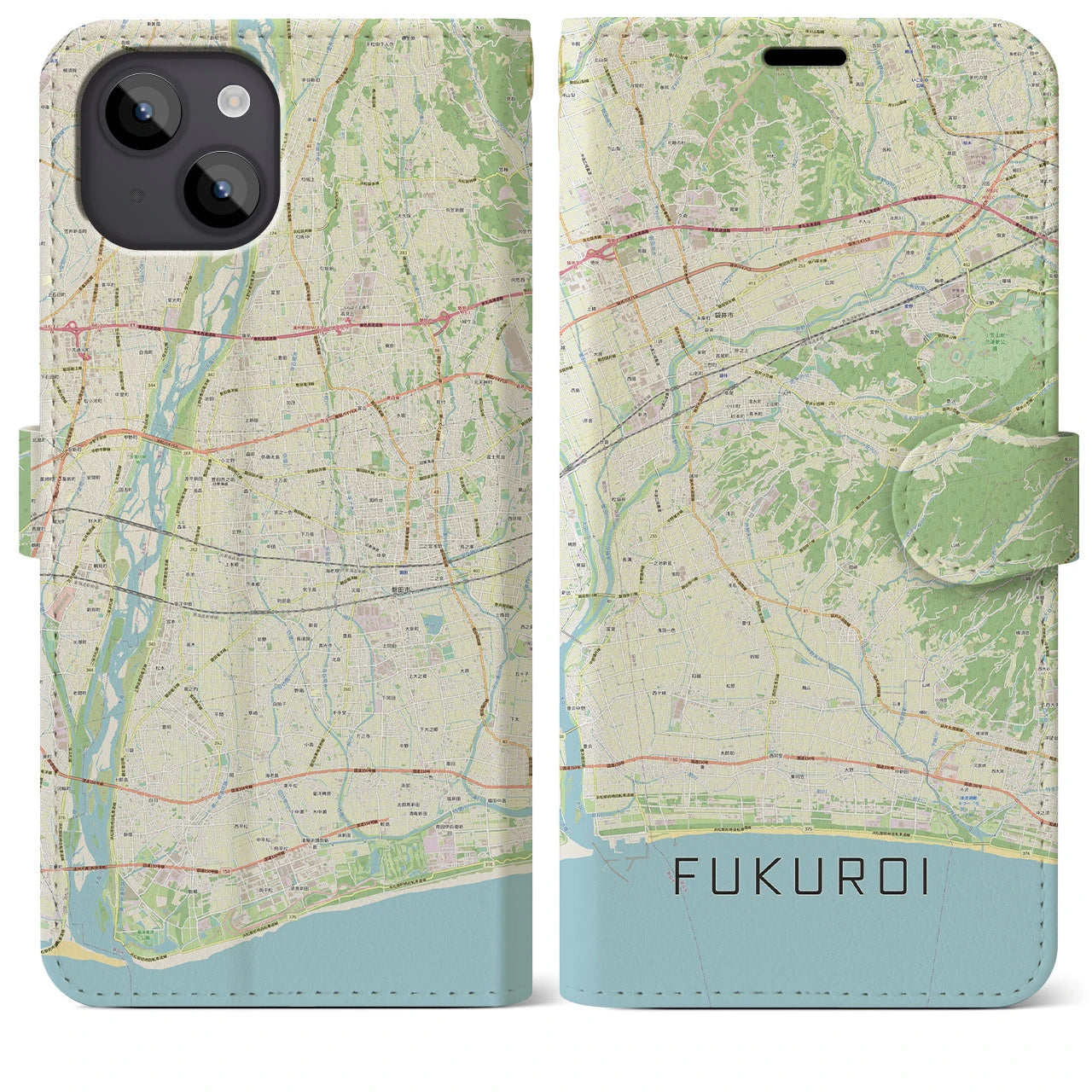【袋井(静岡県)】地図柄iPhoneケース(手帳タイプ)ナチュラル・iPhone 14 Plus 用