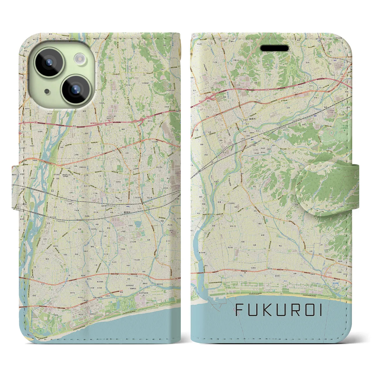 【袋井(静岡県)】地図柄iPhoneケース(手帳タイプ)ナチュラル・iPhone 15 用