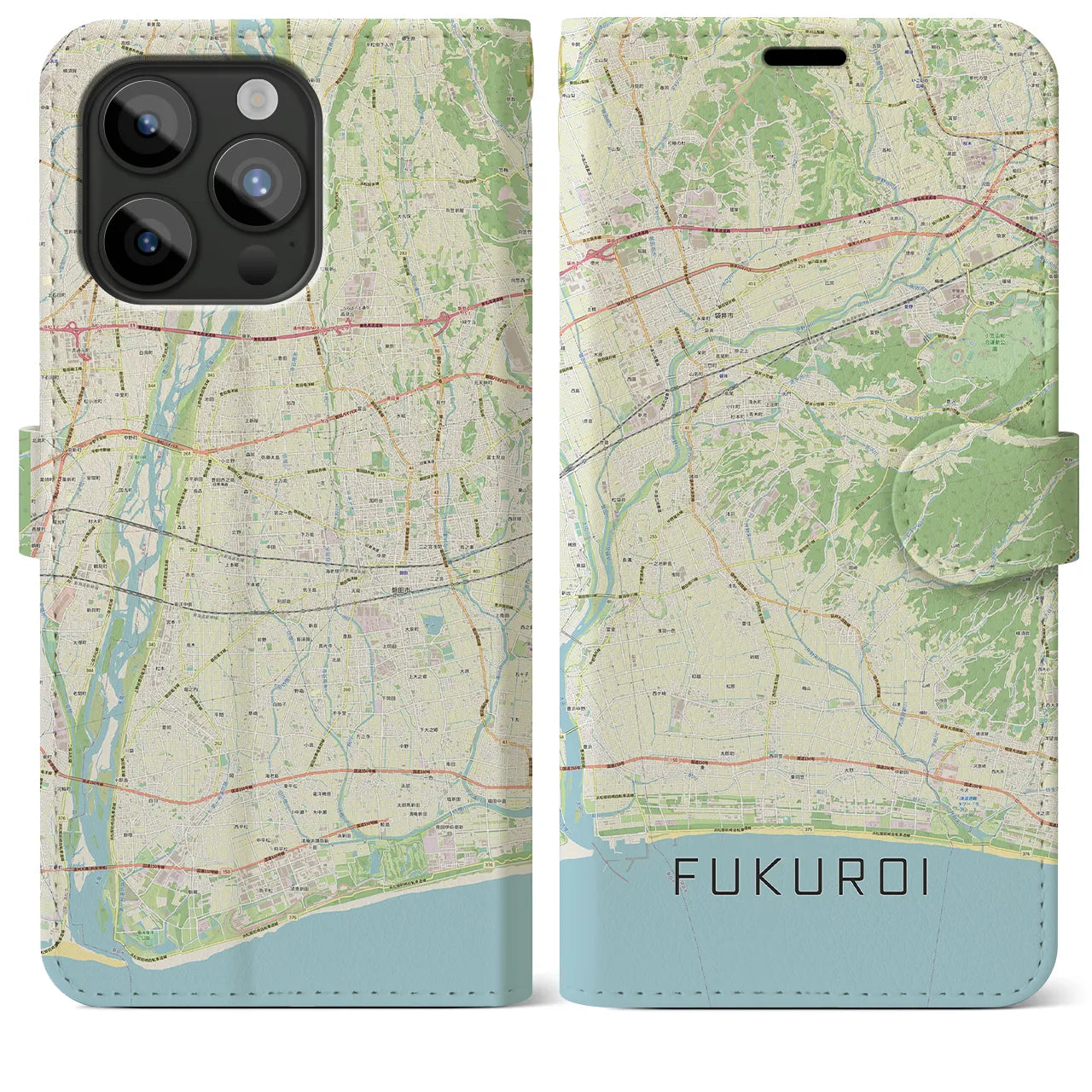 【袋井(静岡県)】地図柄iPhoneケース(手帳タイプ)ナチュラル・iPhone 15 Pro Max 用