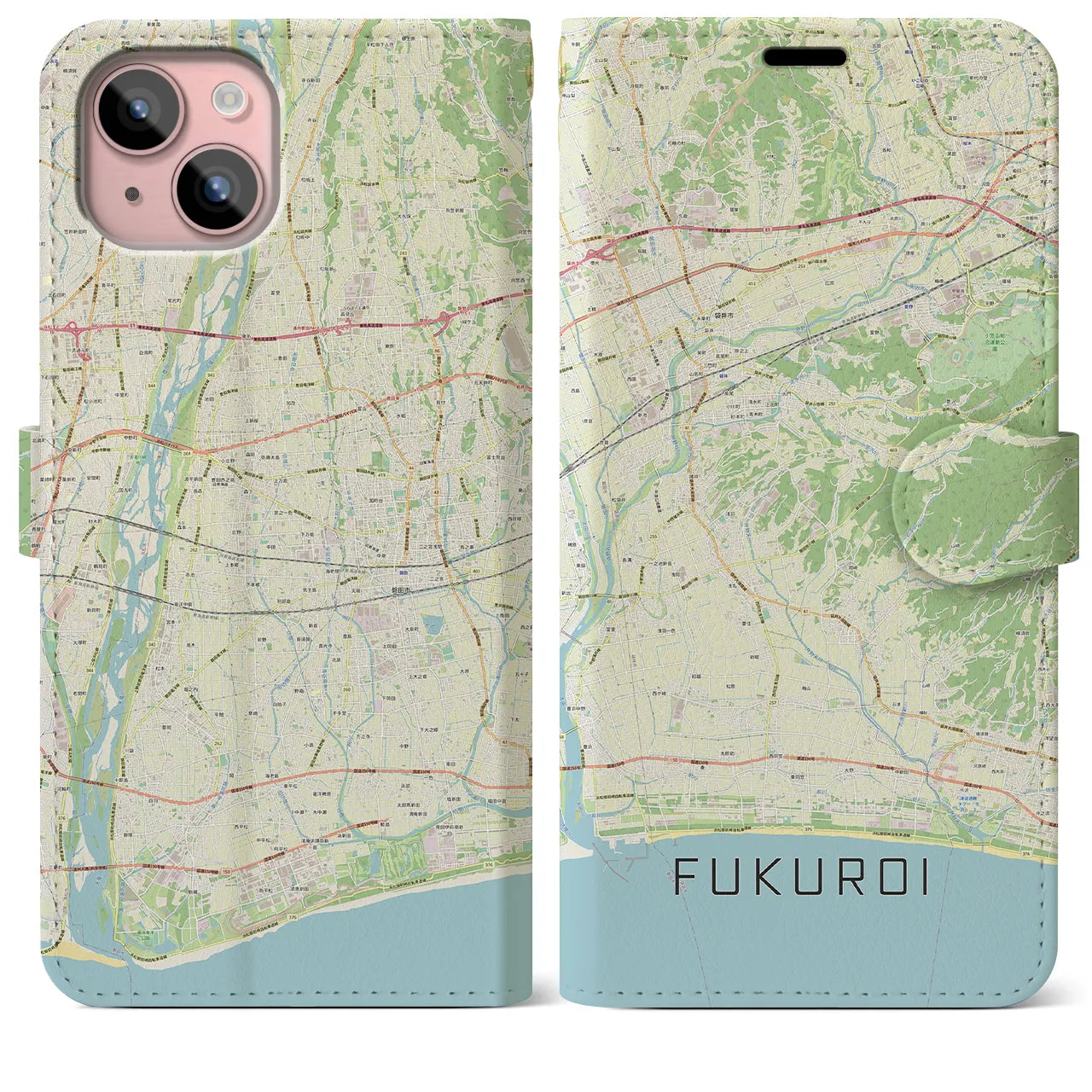 【袋井(静岡県)】地図柄iPhoneケース(手帳タイプ)ナチュラル・iPhone 15 Plus 用
