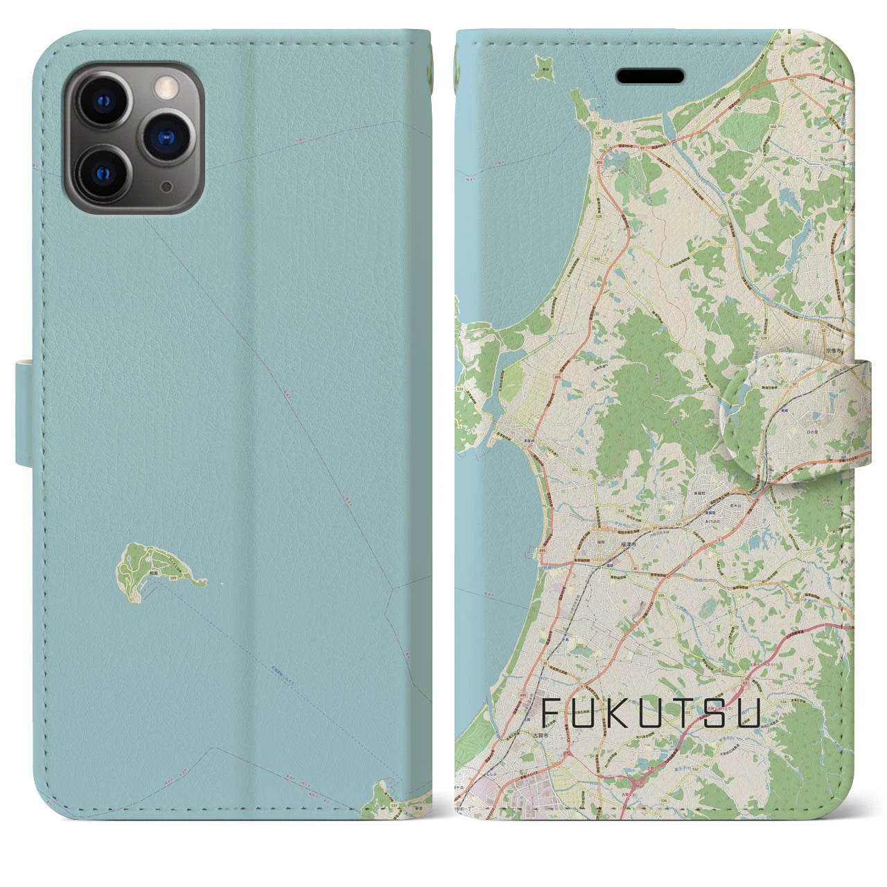 【福津(福岡県)】地図柄iPhoneケース(手帳タイプ)ナチュラル・iPhone 11 Pro Max 用