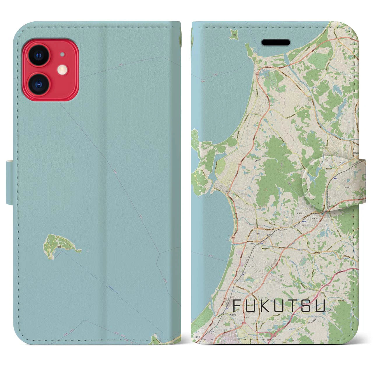 【福津(福岡県)】地図柄iPhoneケース(手帳タイプ)ナチュラル・iPhone 11 用