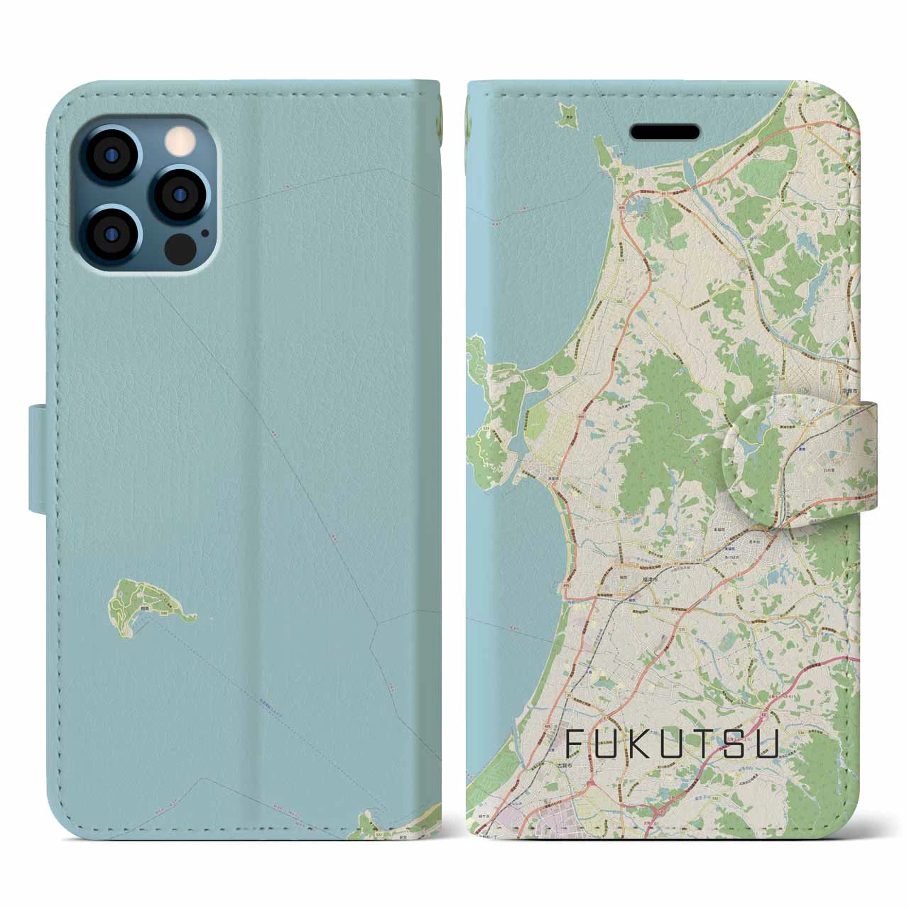 【福津(福岡県)】地図柄iPhoneケース(手帳タイプ)ナチュラル・iPhone 12 / 12 Pro 用