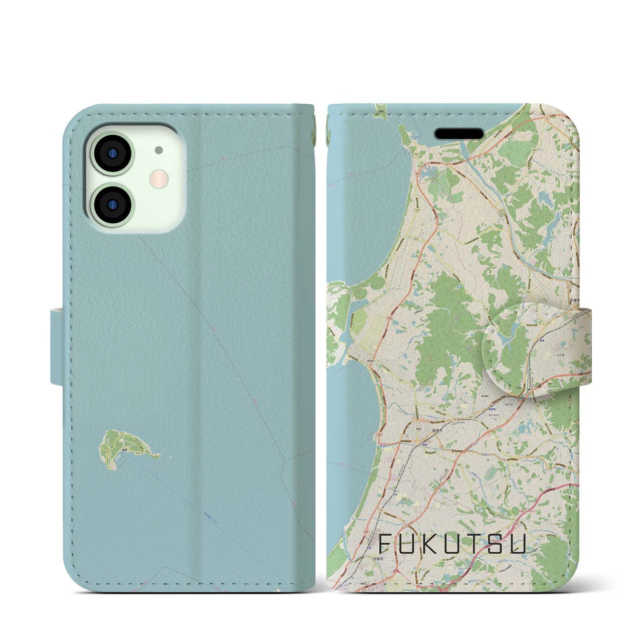 【福津(福岡県)】地図柄iPhoneケース(手帳タイプ)ナチュラル・iPhone 12 mini 用
