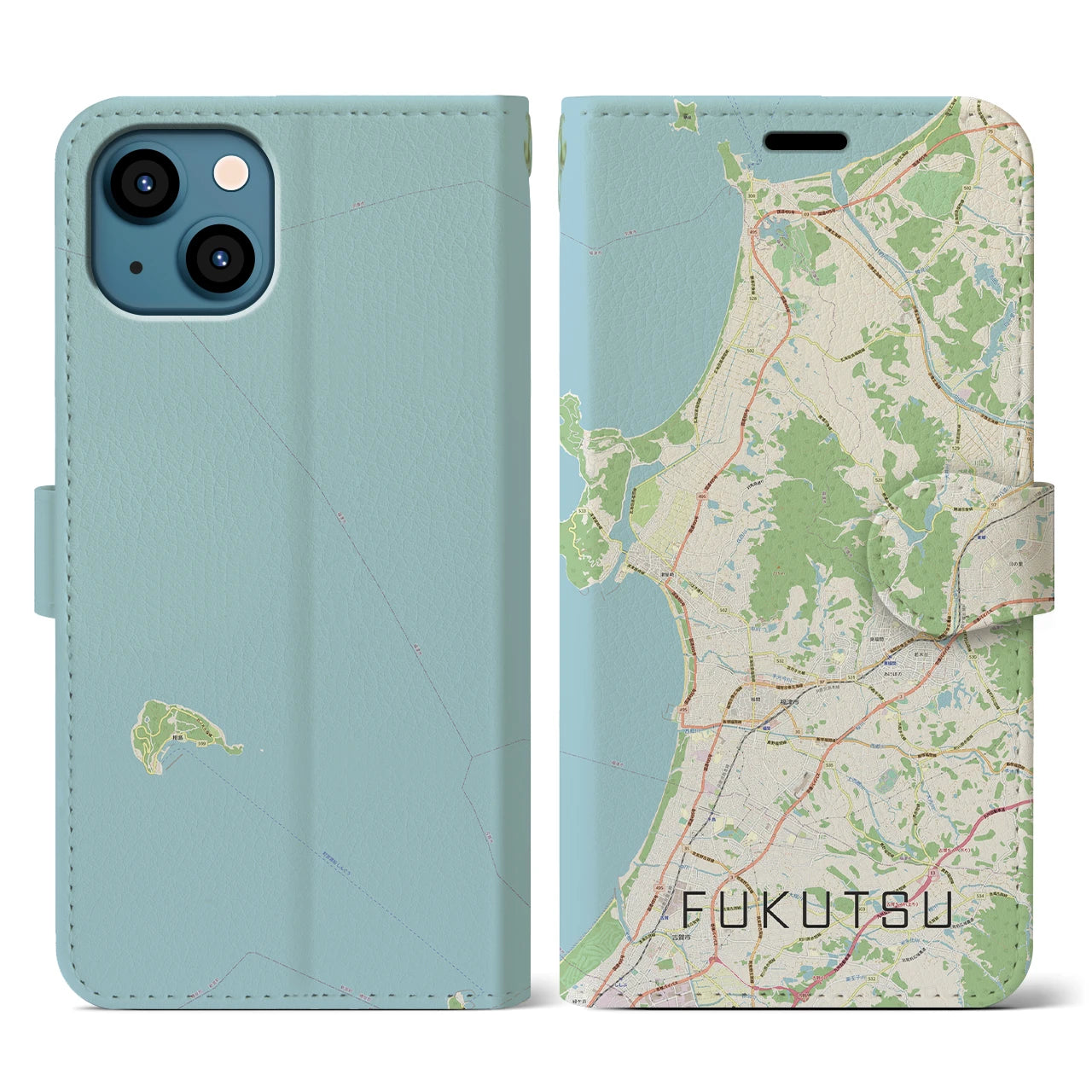 【福津(福岡県)】地図柄iPhoneケース(手帳タイプ)ナチュラル・iPhone 13 用
