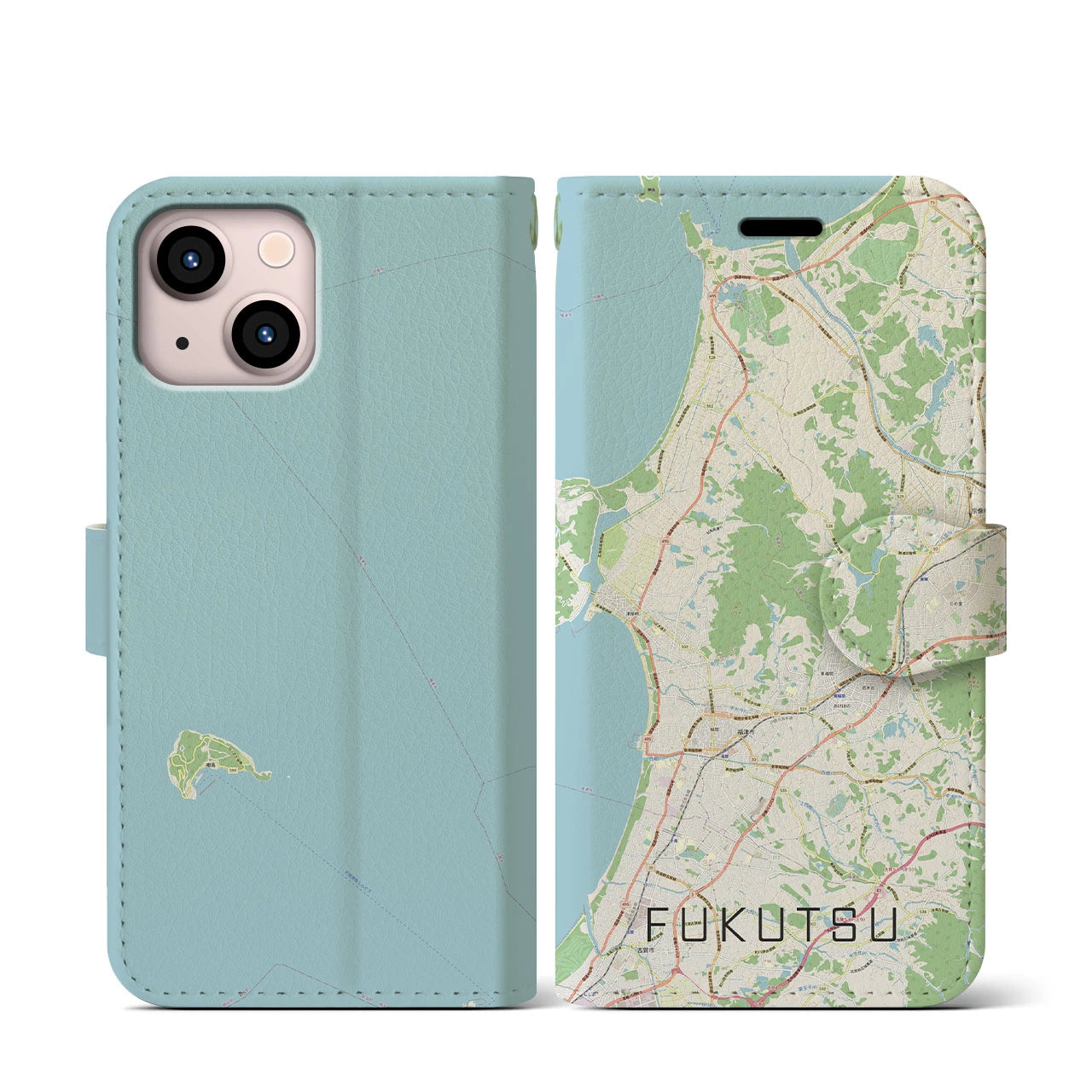 【福津(福岡県)】地図柄iPhoneケース(手帳タイプ)ナチュラル・iPhone 13 mini 用