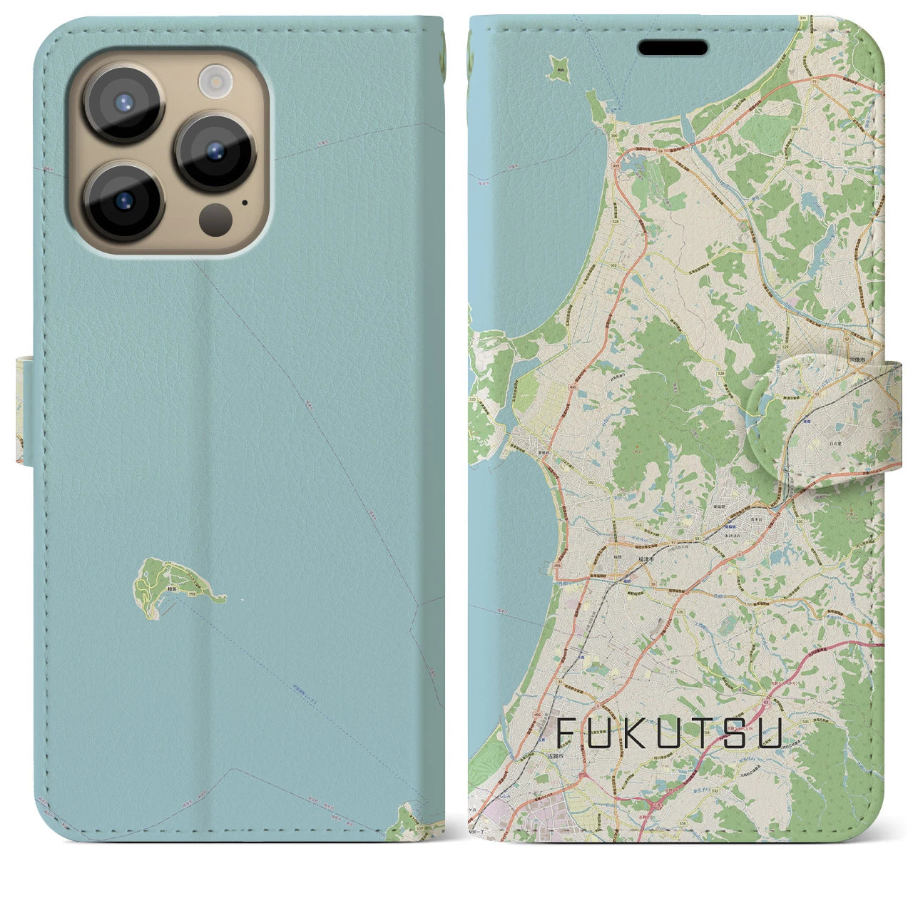 【福津(福岡県)】地図柄iPhoneケース(手帳タイプ)ナチュラル・iPhone 14 Pro Max 用