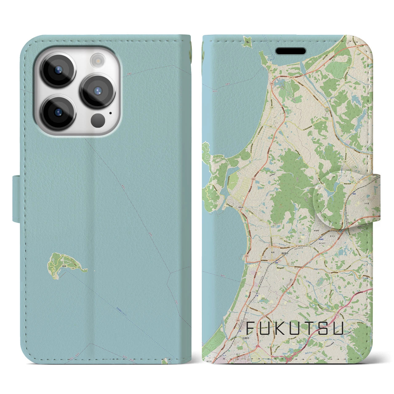 【福津(福岡県)】地図柄iPhoneケース(手帳タイプ)ナチュラル・iPhone 14 Pro 用