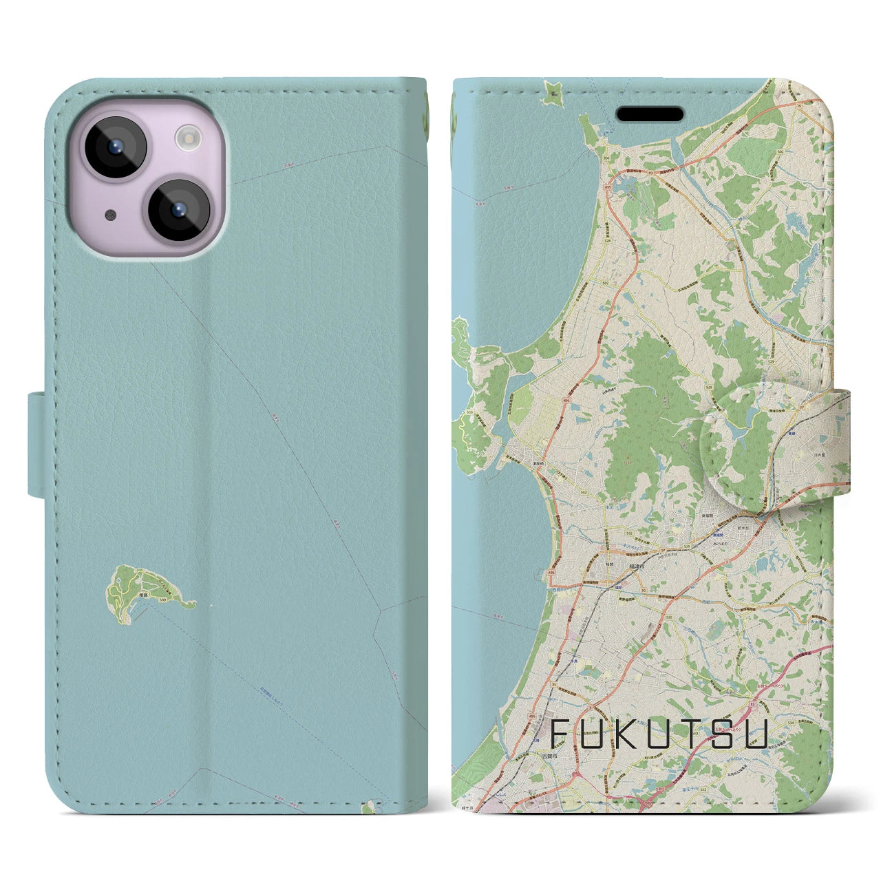 【福津(福岡県)】地図柄iPhoneケース(手帳タイプ)ナチュラル・iPhone 14 用
