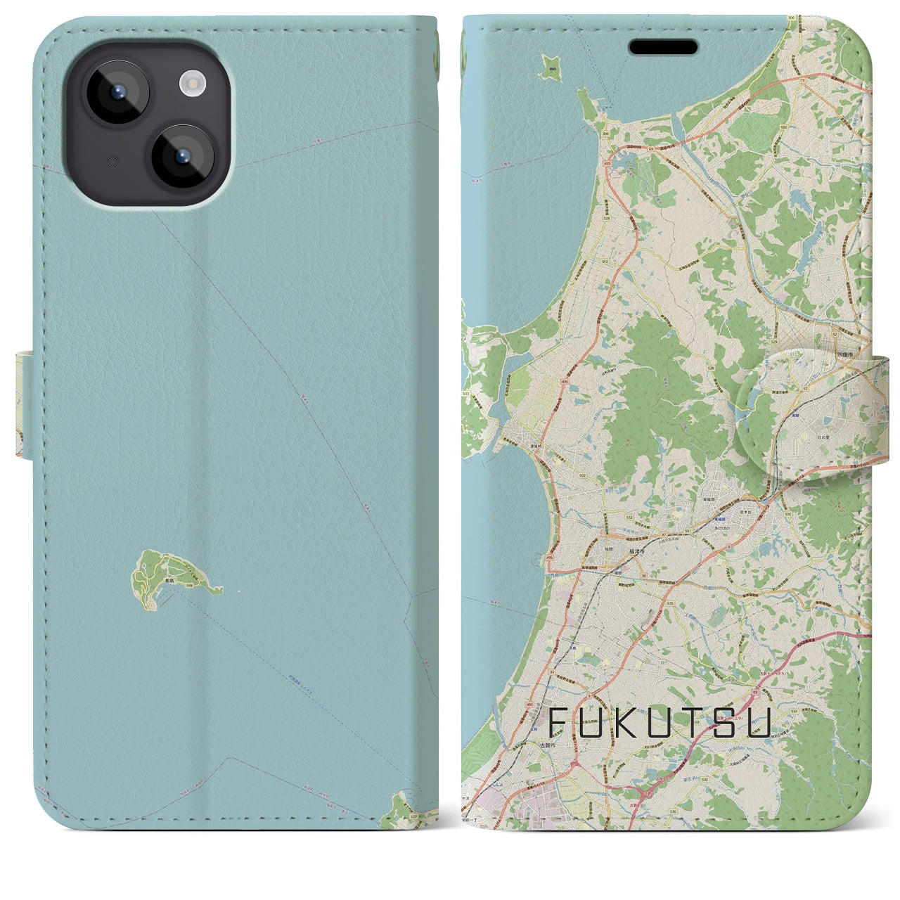 【福津(福岡県)】地図柄iPhoneケース(手帳タイプ)ナチュラル・iPhone 14 Plus 用