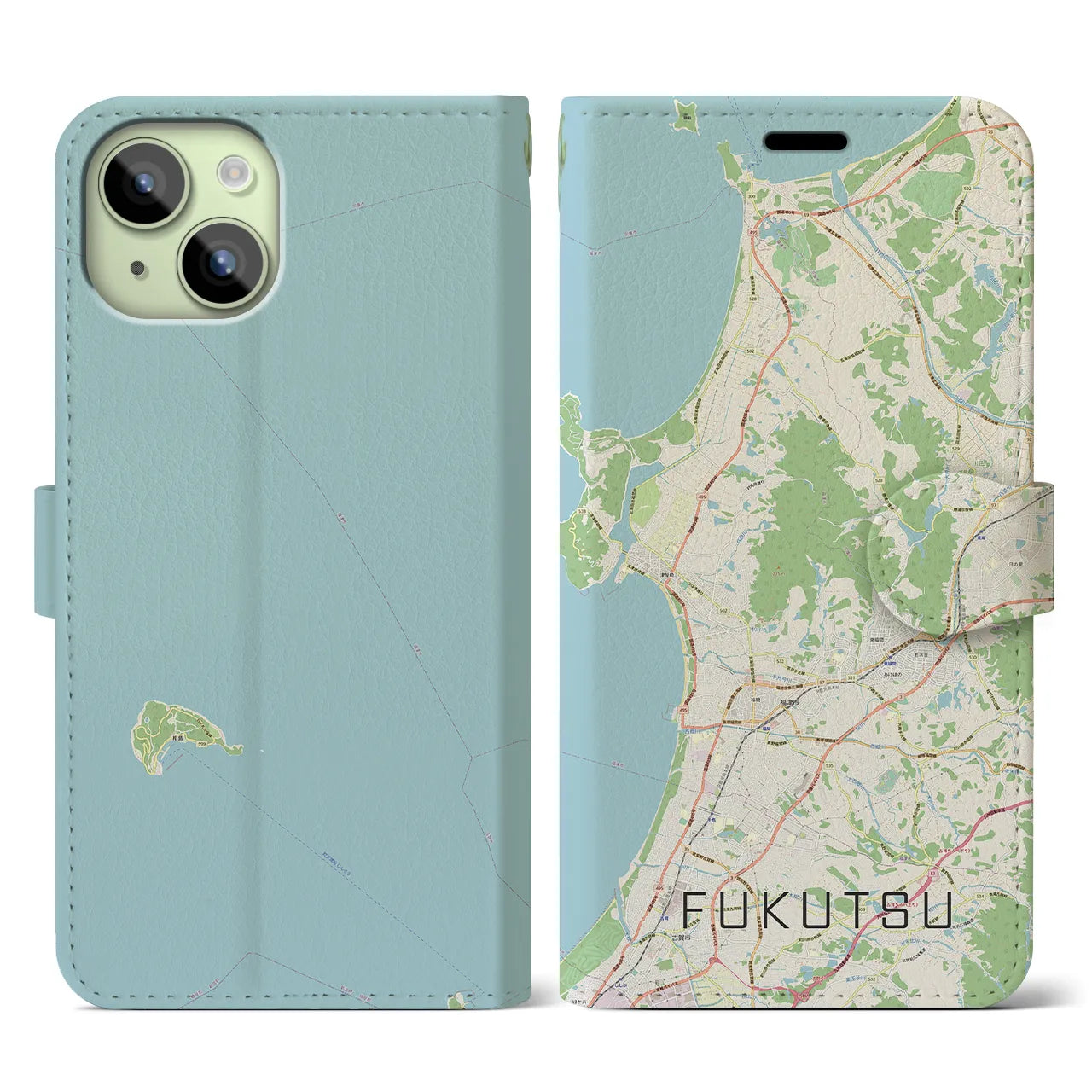 【福津(福岡県)】地図柄iPhoneケース(手帳タイプ)ナチュラル・iPhone 15 用