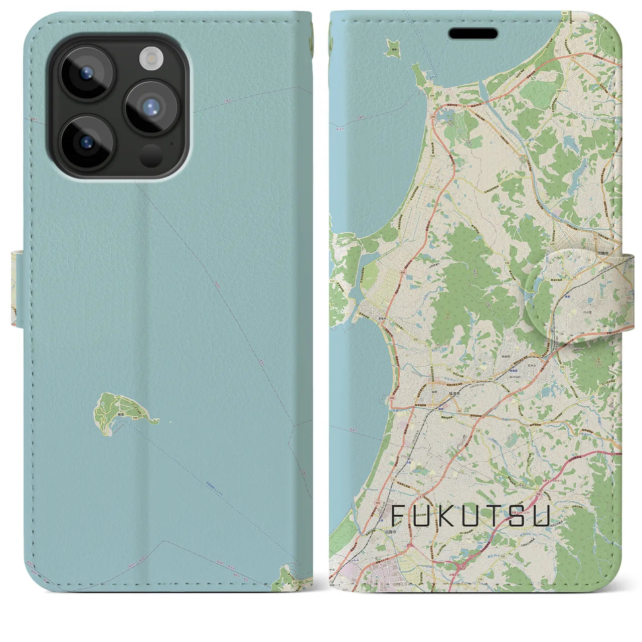 【福津(福岡県)】地図柄iPhoneケース(手帳タイプ)ナチュラル・iPhone 15 Pro Max 用