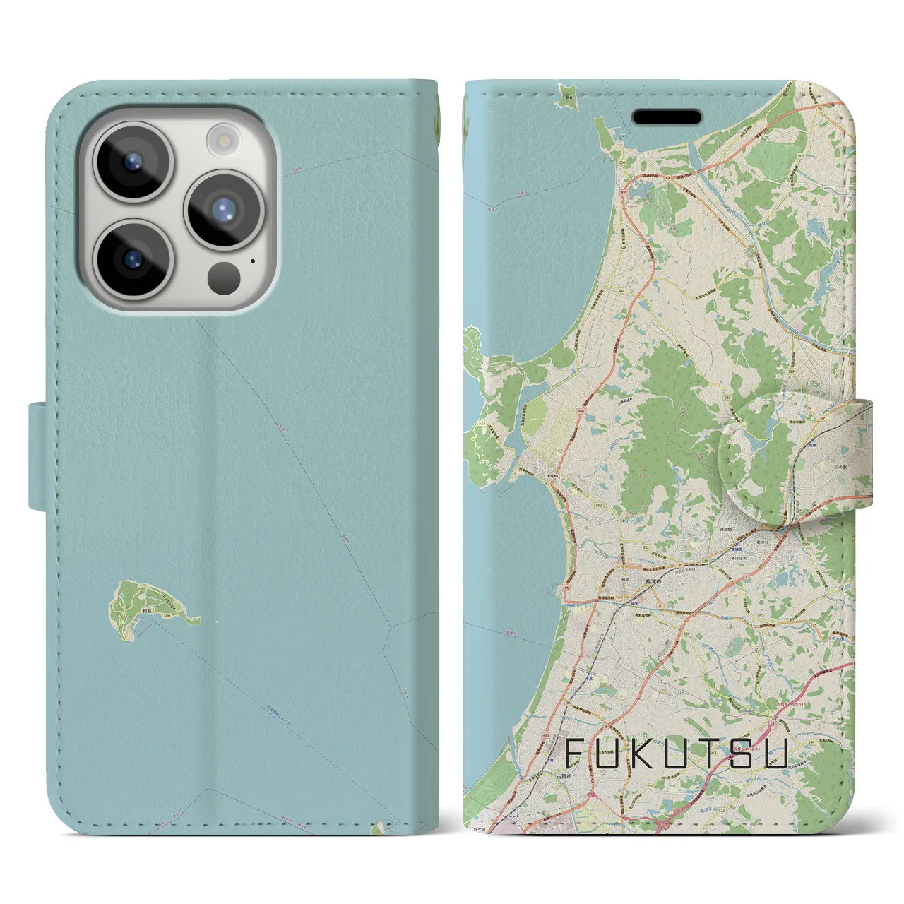 【福津(福岡県)】地図柄iPhoneケース(手帳タイプ)ナチュラル・iPhone 15 Pro 用