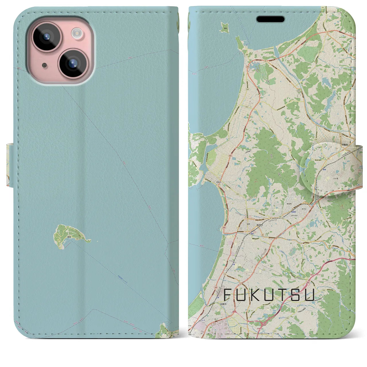【福津(福岡県)】地図柄iPhoneケース(手帳タイプ)ナチュラル・iPhone 15 Plus 用