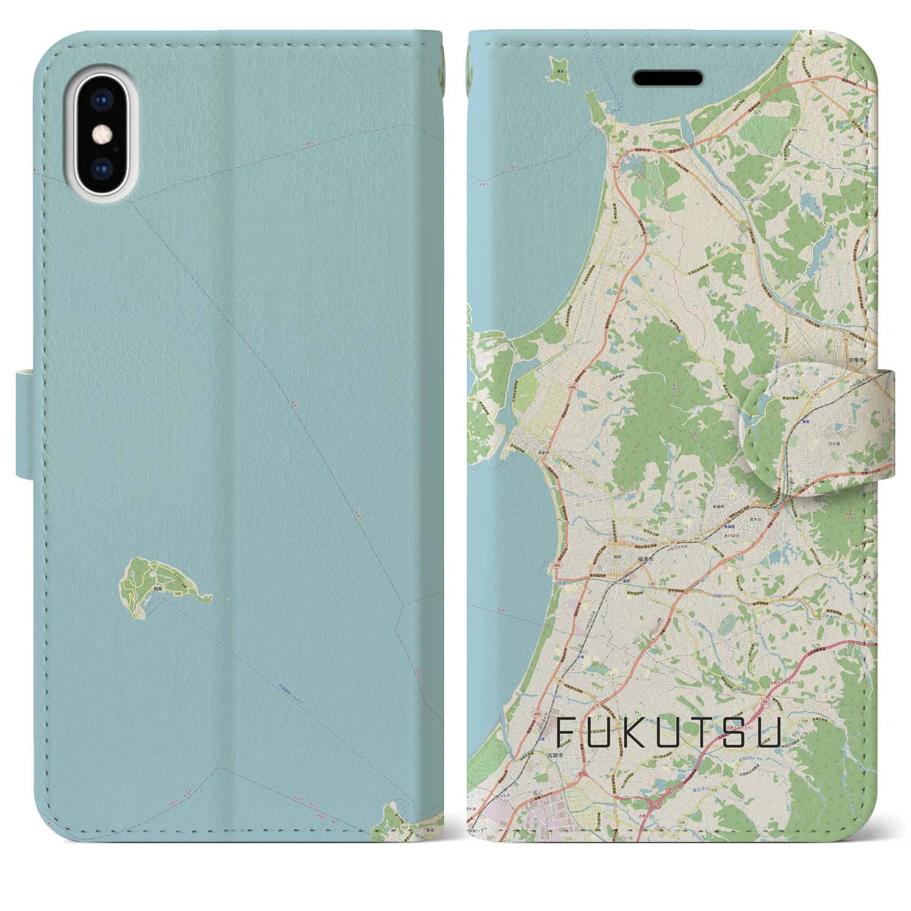 【福津(福岡県)】地図柄iPhoneケース(手帳タイプ)ナチュラル・iPhone XS Max 用