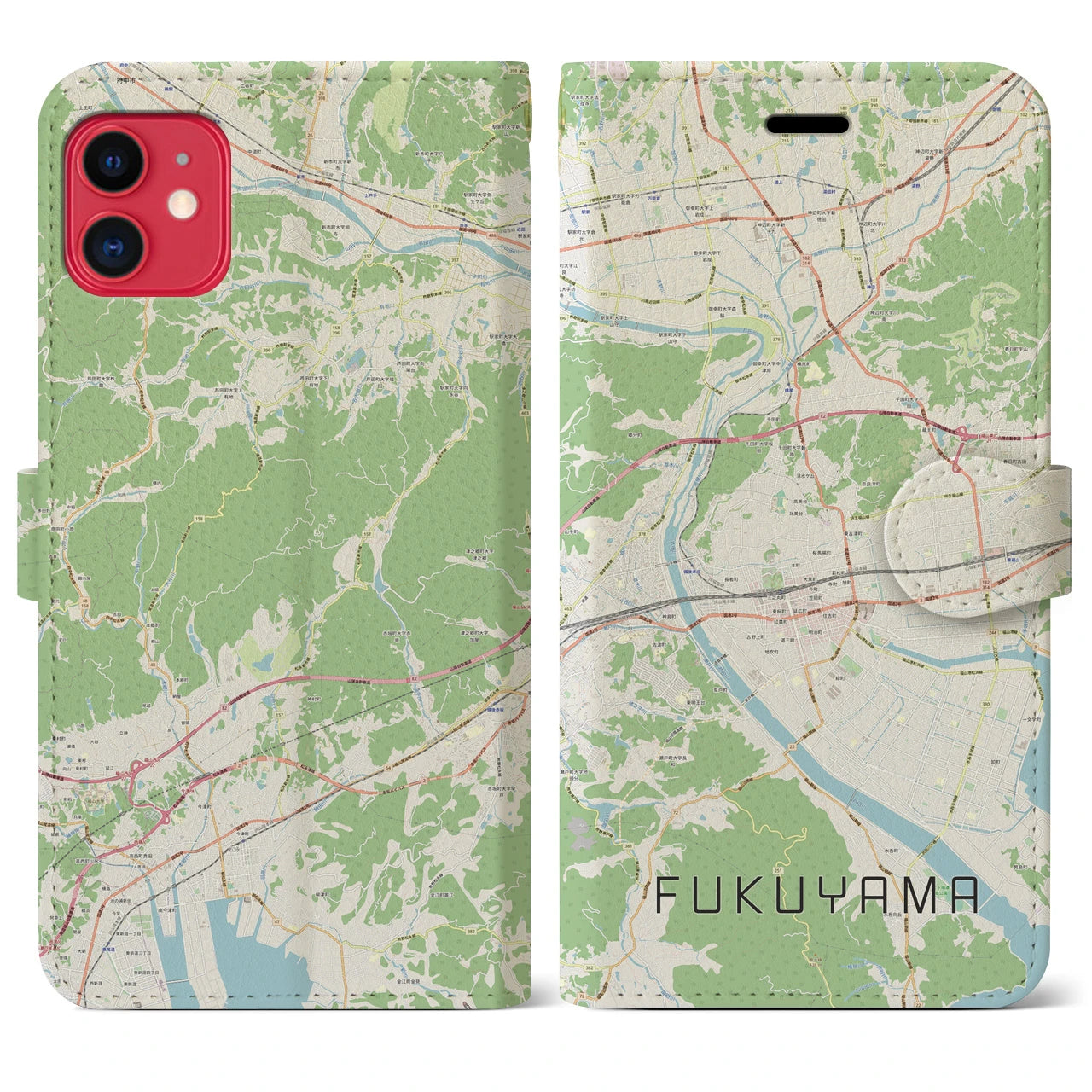 【福山(広島県)】地図柄iPhoneケース(手帳タイプ)ナチュラル・iPhone 11 用