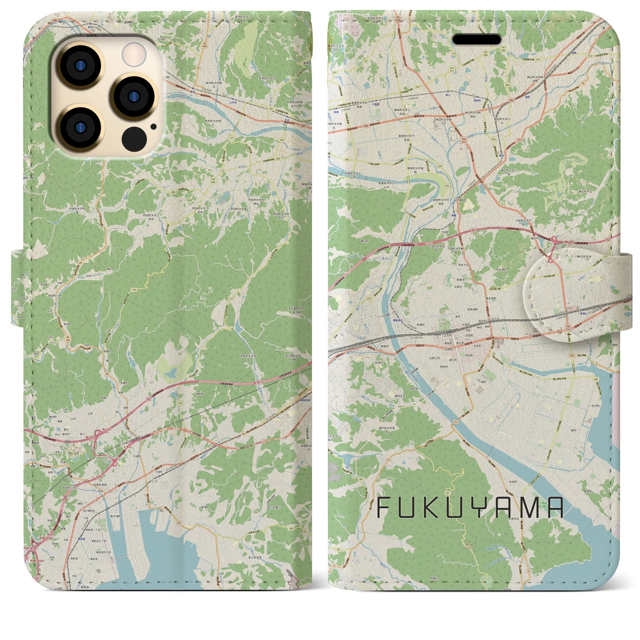 【福山(広島県)】地図柄iPhoneケース(手帳タイプ)ナチュラル・iPhone 12 Pro Max 用