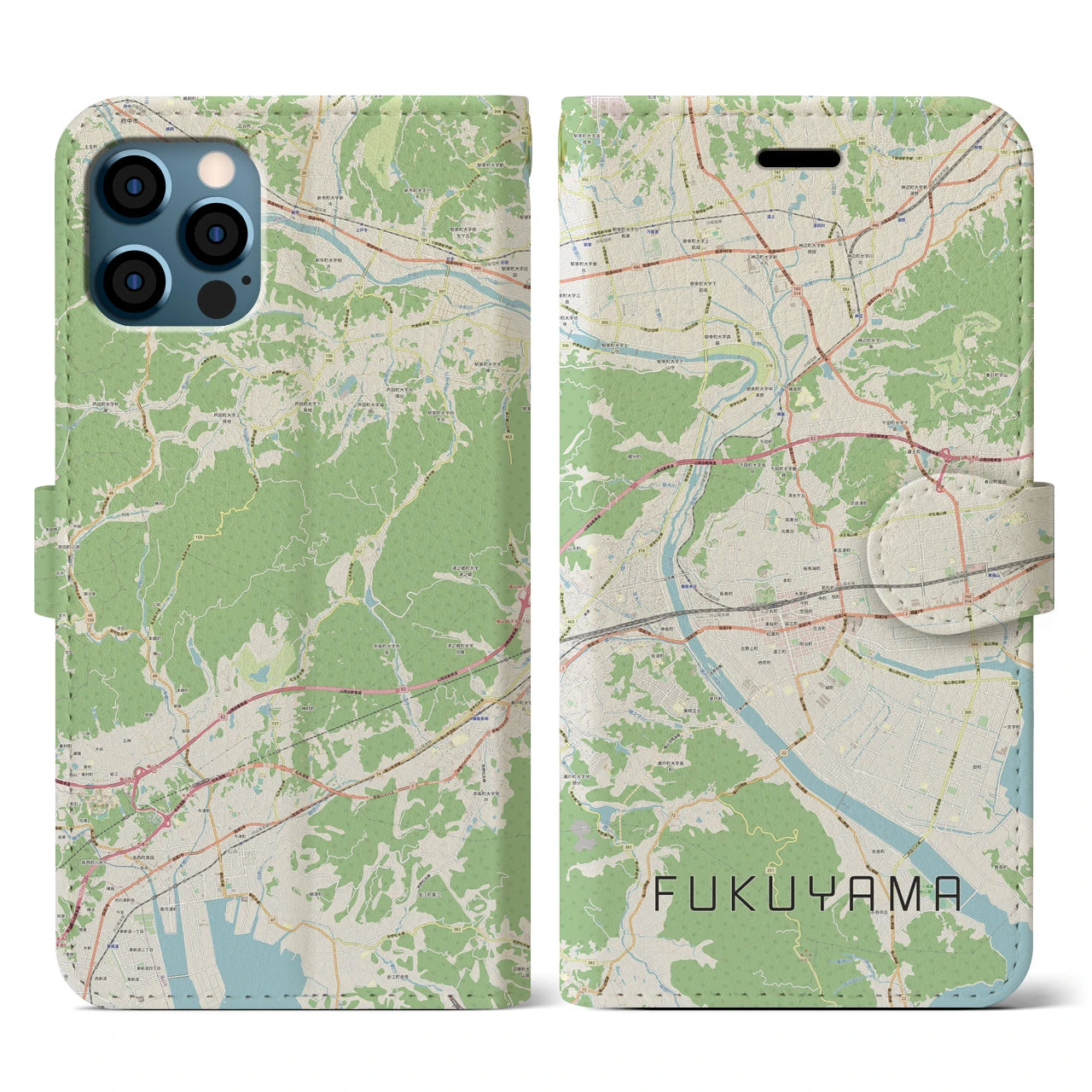 【福山(広島県)】地図柄iPhoneケース(手帳タイプ)ナチュラル・iPhone 12 / 12 Pro 用