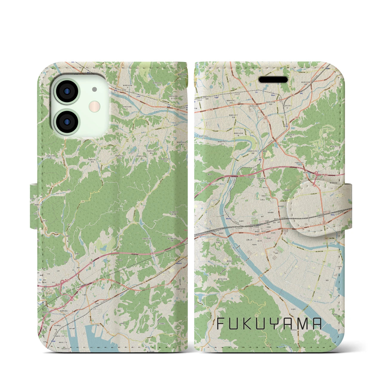 【福山(広島県)】地図柄iPhoneケース(手帳タイプ)ナチュラル・iPhone 12 mini 用