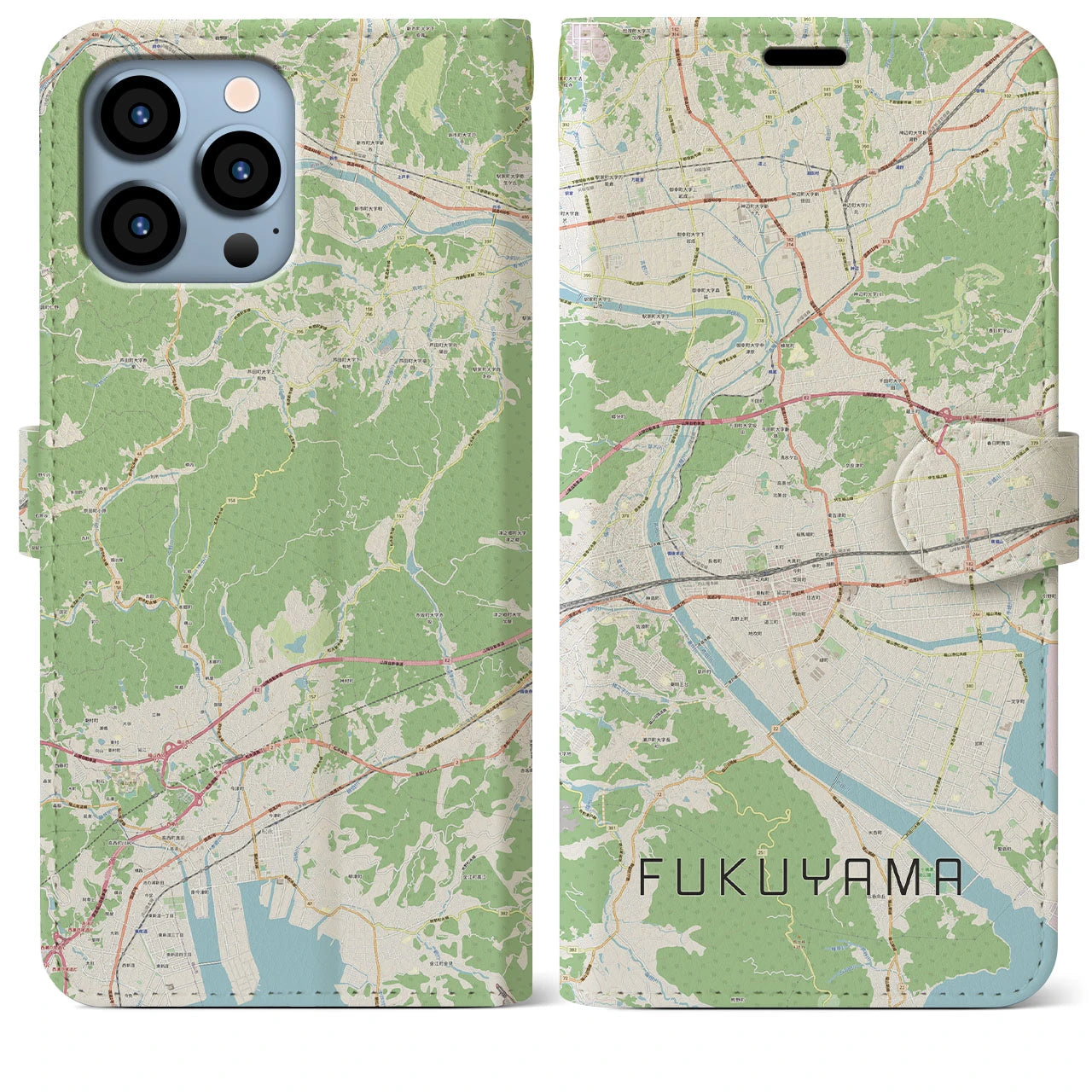 【福山(広島県)】地図柄iPhoneケース(手帳タイプ)ナチュラル・iPhone 13 Pro Max 用