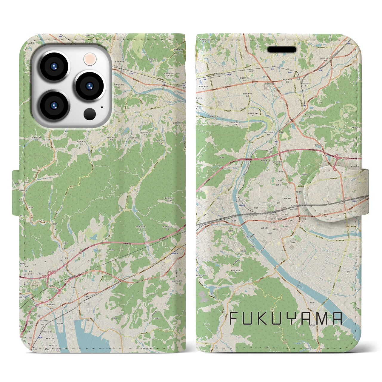 【福山(広島県)】地図柄iPhoneケース(手帳タイプ)ナチュラル・iPhone 13 Pro 用